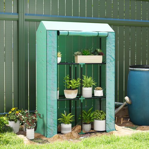 Mini Greenhouse with 3 Tier Shelves, 3 Roll-Up Doors for Indoor Outdoor, Green