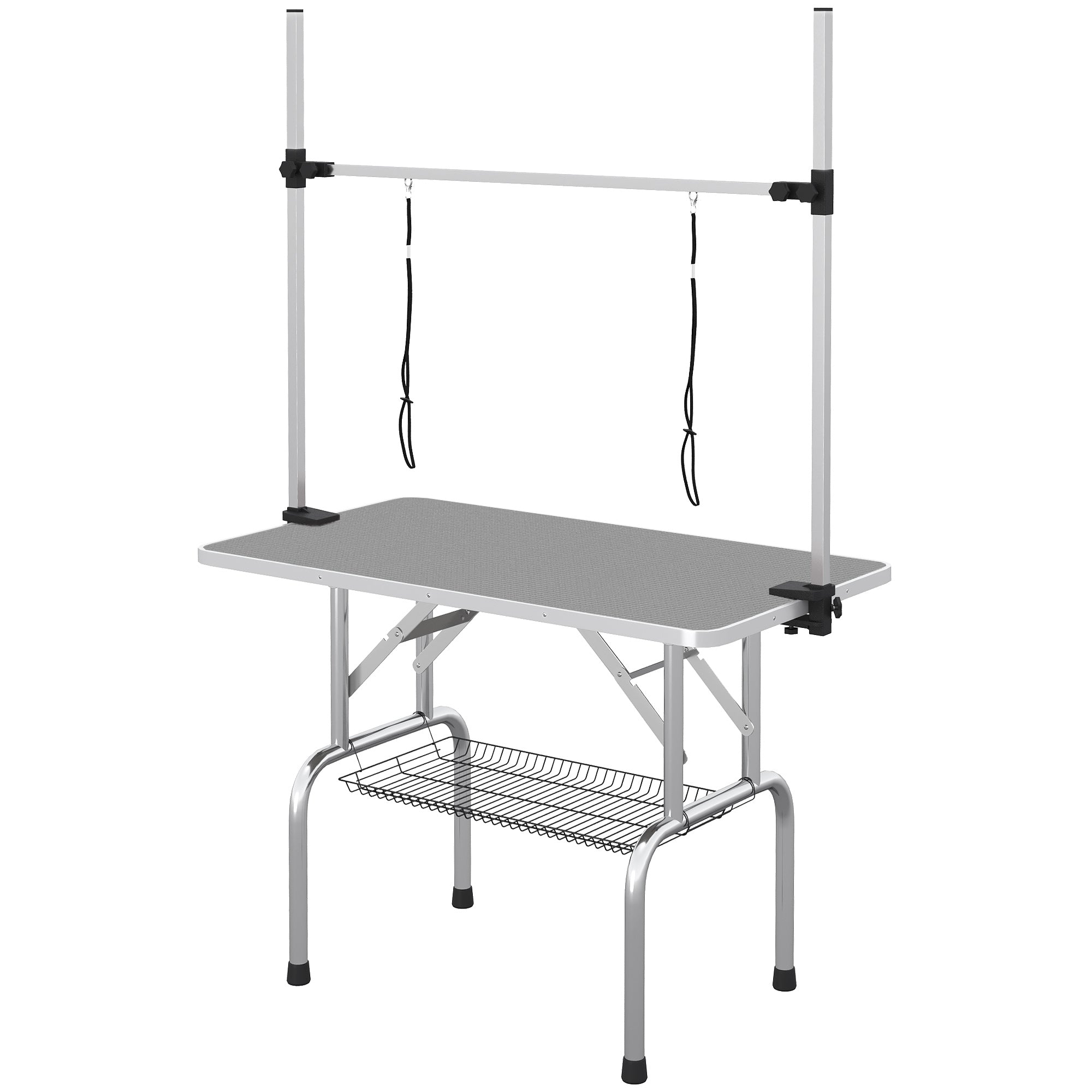Adjustable Dog Grooming Table with 2 Safety Slings, Storage Basket, Grey Dog Grooming Tables at Gallery Canada