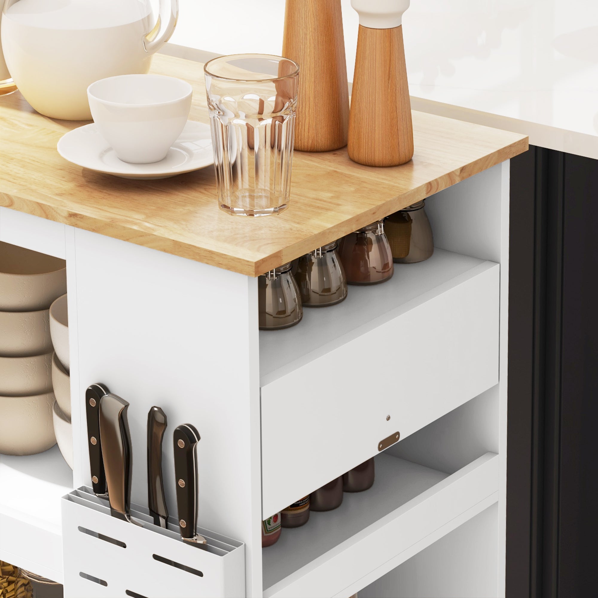 Kitchen Island Table Kitchen Cart with Rubberwood Top, Adjustable Shelves, Knife Rack, Towel Rack, Cabinet, White Kitchen Islands & Kitchen Carts   at Gallery Canada