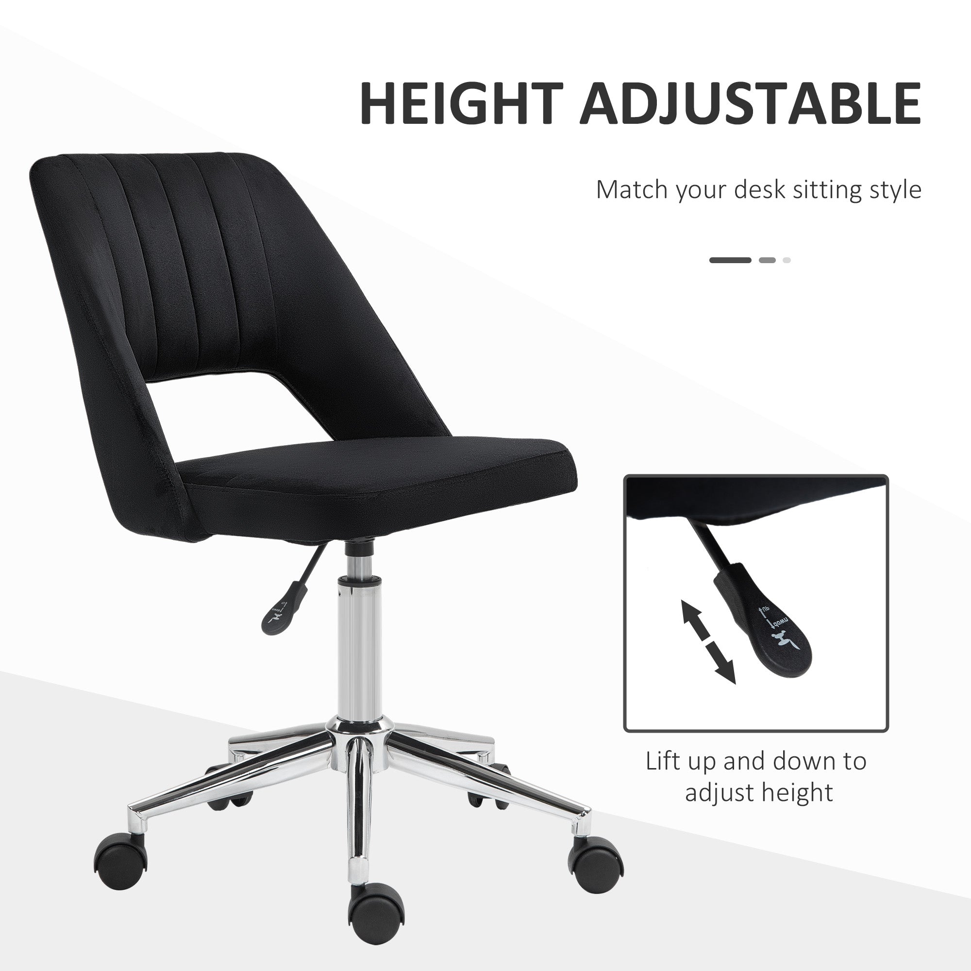 Mid Back Office Chair Velvet Fabric Swivel Scallop Shape Computer Desk Chair, Black Office Chairs at Gallery Canada