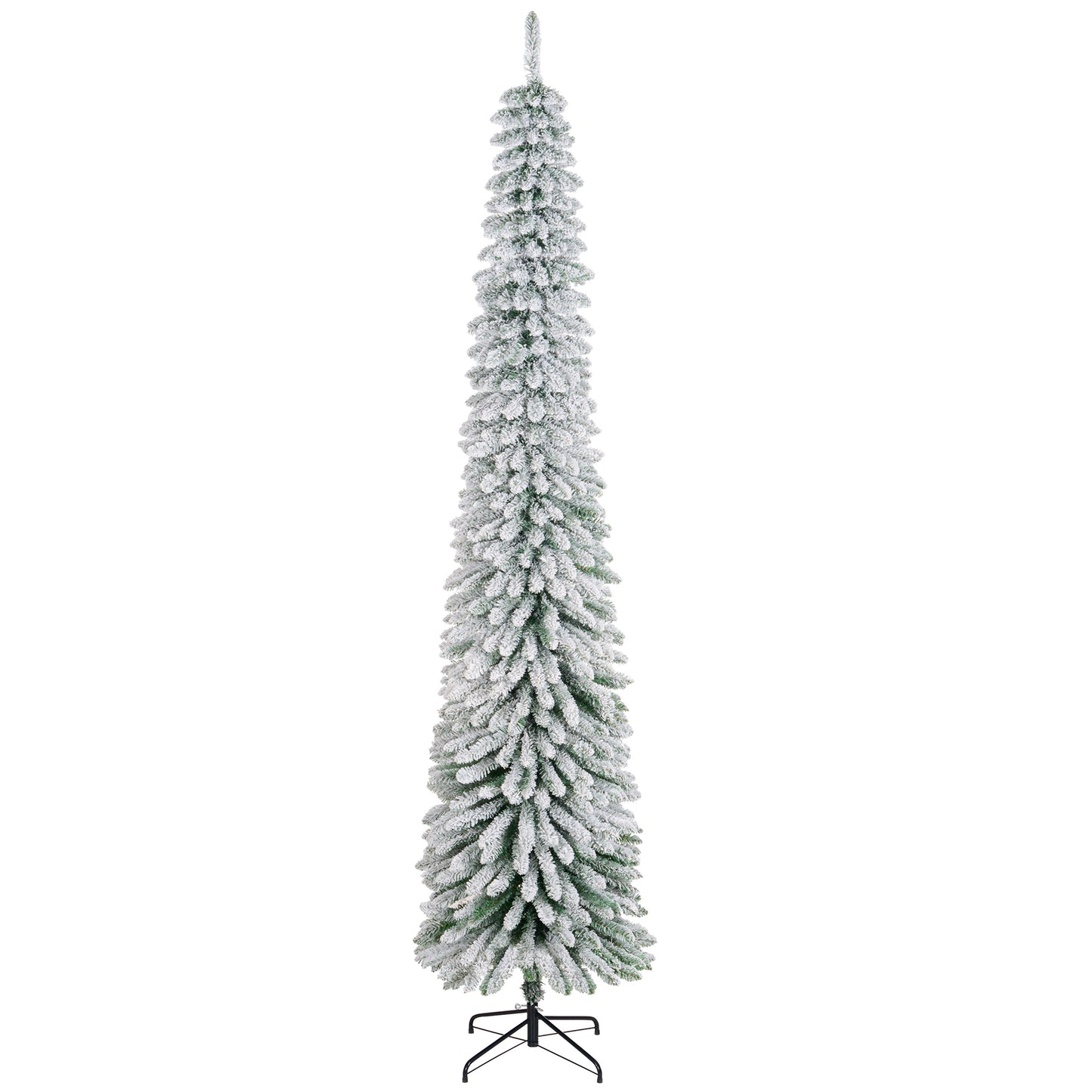 9ft Snow-Flocked Artificial Christmas Tree, Slim Pencil Xmas Tree with 714 Realistic Branches, Metal Base, Green Flocked Christmas Trees at Gallery Canada