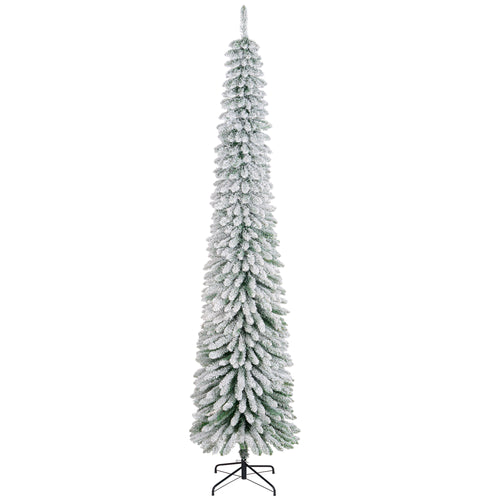 9ft Snow-Flocked Artificial Christmas Tree, Slim Pencil Xmas Tree with 714 Realistic Branches, Metal Base, Green