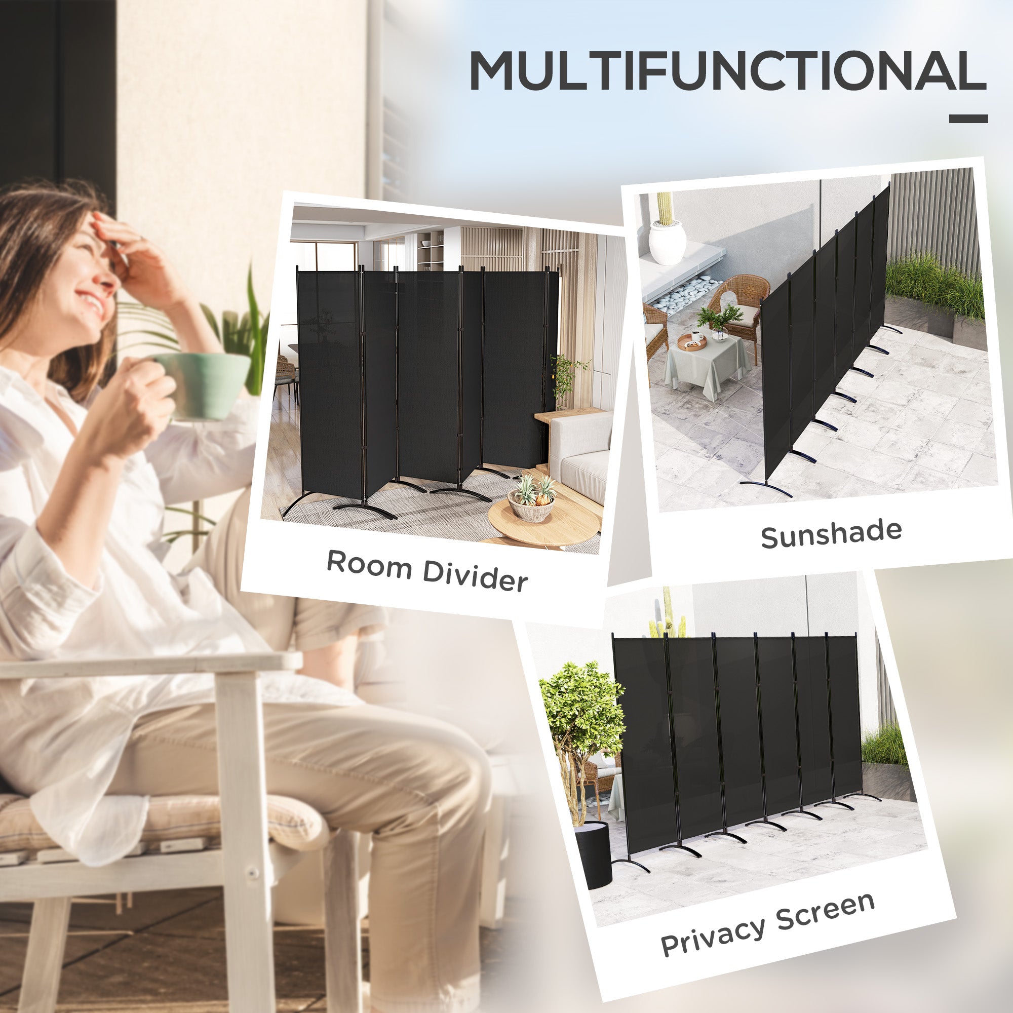 6 Panel Folding Room Divider, UV30+ Privacy Screen, Indoor Outdoor Privacy Panel with Stable Base, Black Side Awnings at Gallery Canada