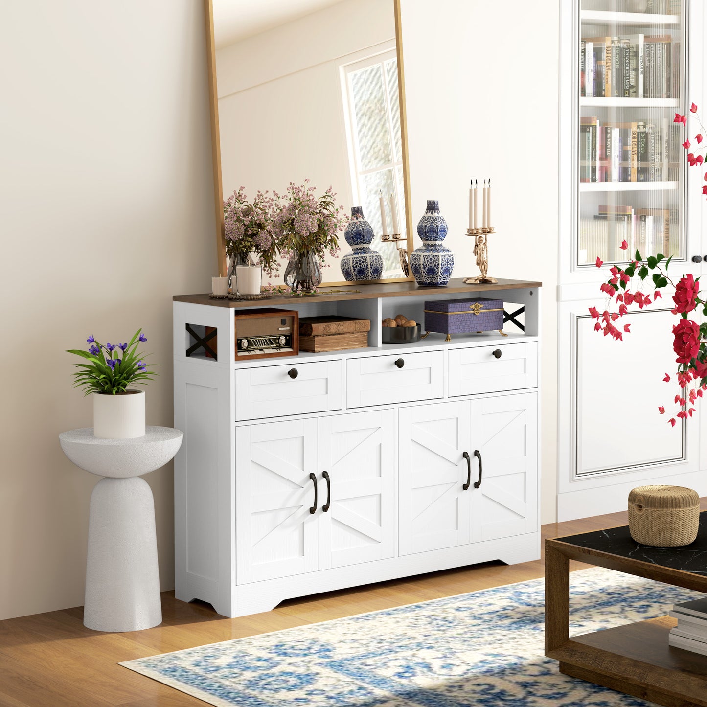 Sideboard, Buffet Cabinet with 4 Barn Doors and 3 Drawers, Coffee Bar Cabinet with Adjustable Shelves, White Storage Cabinets at Gallery Canada