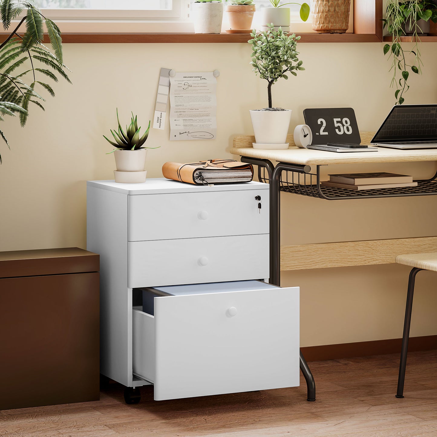 3-Drawer Small Filing Cabinet with Lock, Vertical Office Storage Cabinet with Wheels for Home Office, White Office Cabinets & Cupboards White  at Gallery Canada