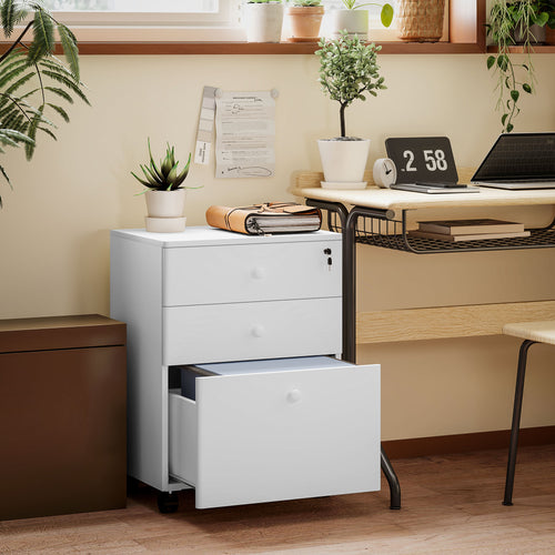 3-Drawer Small Filing Cabinet with Lock, Vertical Office Storage Cabinet with Wheels for Home Office, White