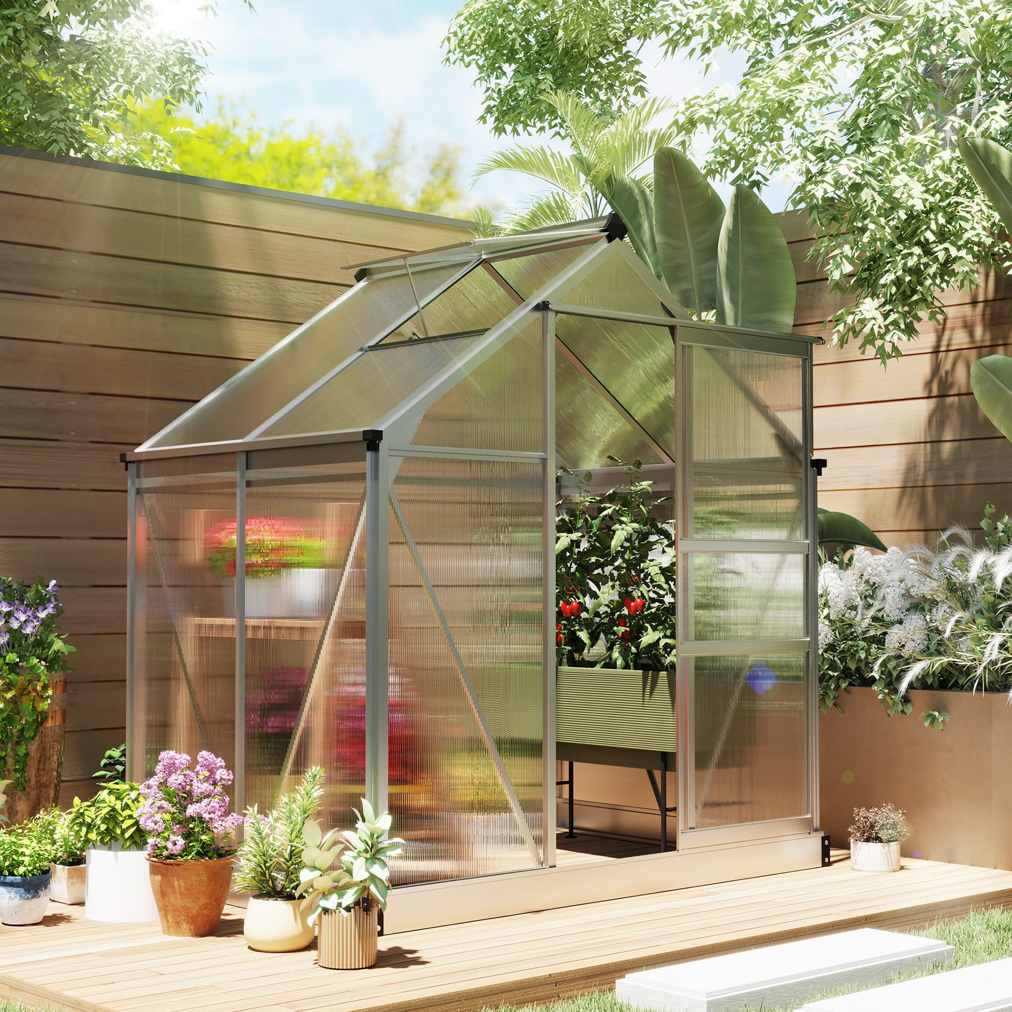 6' x 4' x 6.6' Polycarbonate Greenhouse, Walk-In Green House Kit Garden, Plants Grow, Galvanized Sheet Aluminum Frame with Rain Gutter, Vent and Sliding Door, Silver Walk In Greenhouses Multi Colour at Gallery Canada