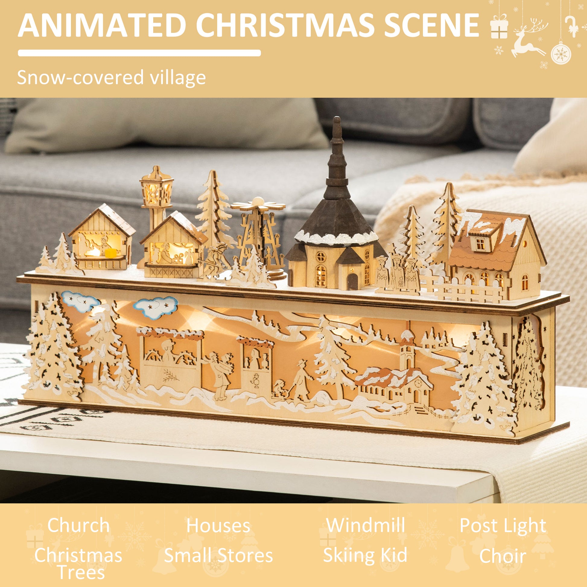 Desktop Christmas Decoration, Christmas Village Houses with Church, Windmill Battery Operated, Natural Wood Christmas Village Houses   at Gallery Canada