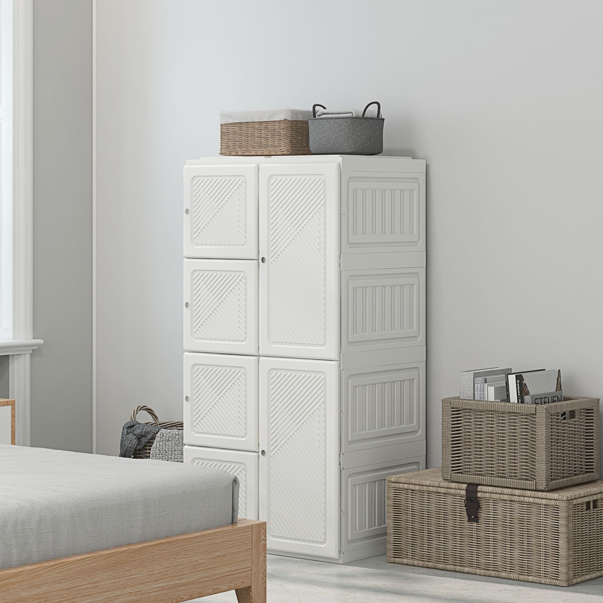 Portable Wardrobe, Foldable Clothes Storage Organzier with 5 Compartments, 2 Hanging Rod, Magnet Doors, White Clothing Storage at Gallery Canada