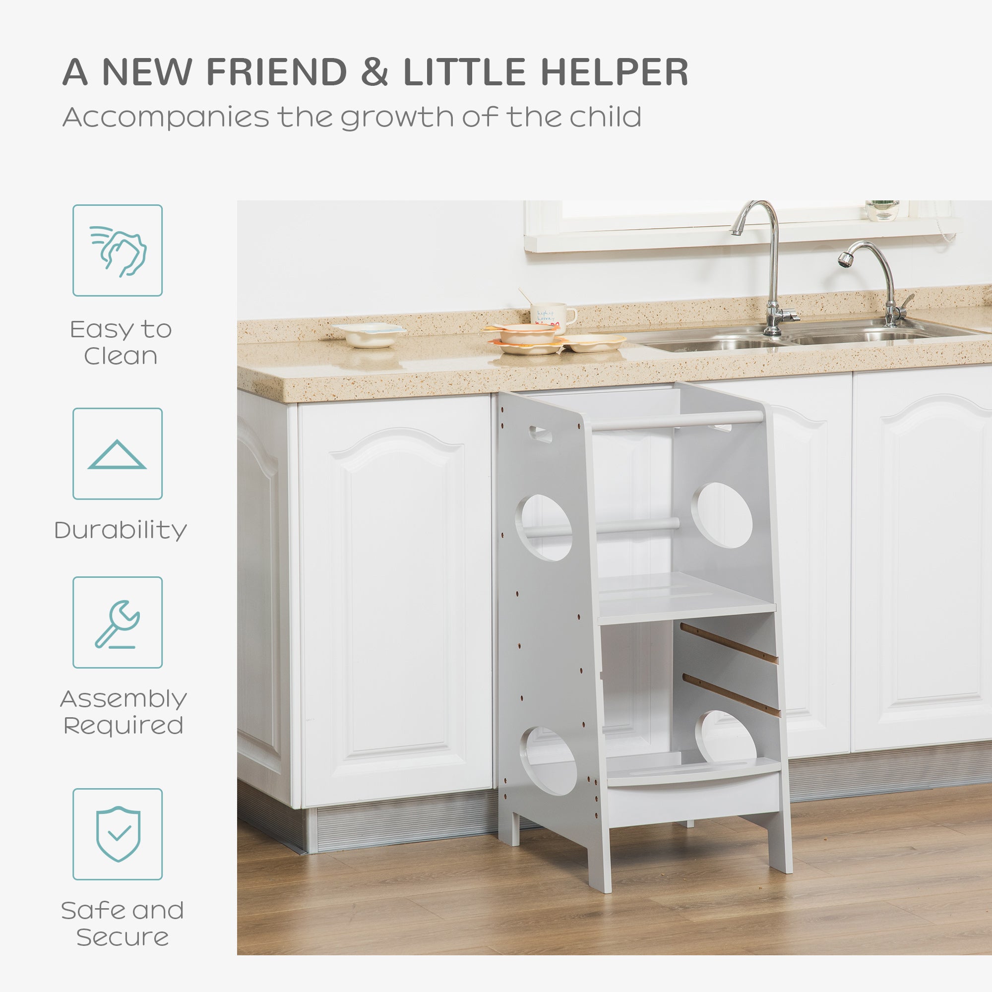 Toddler Tower Kitchen Helper with 3-Level Adjustable Height, Heavy-Duty Kids Step Stool with Safety Rail, Grey Toddler & Kids Step Stools at Gallery Canada