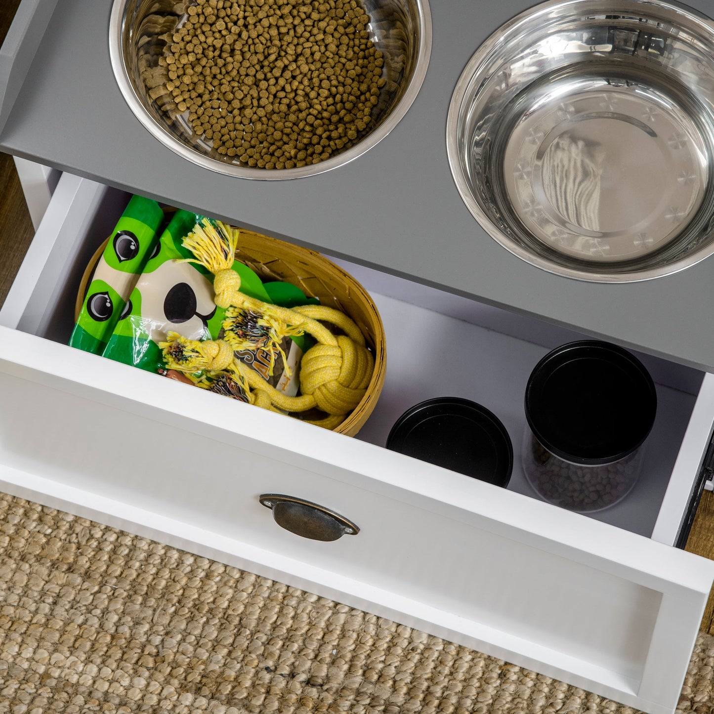 Elevated Dog Bowls Raised Pet Feeding Station with Storage 2 Stainless Steel Bowls, 23.6"x11.8" x14.2", White Dog Bowls   at Gallery Canada