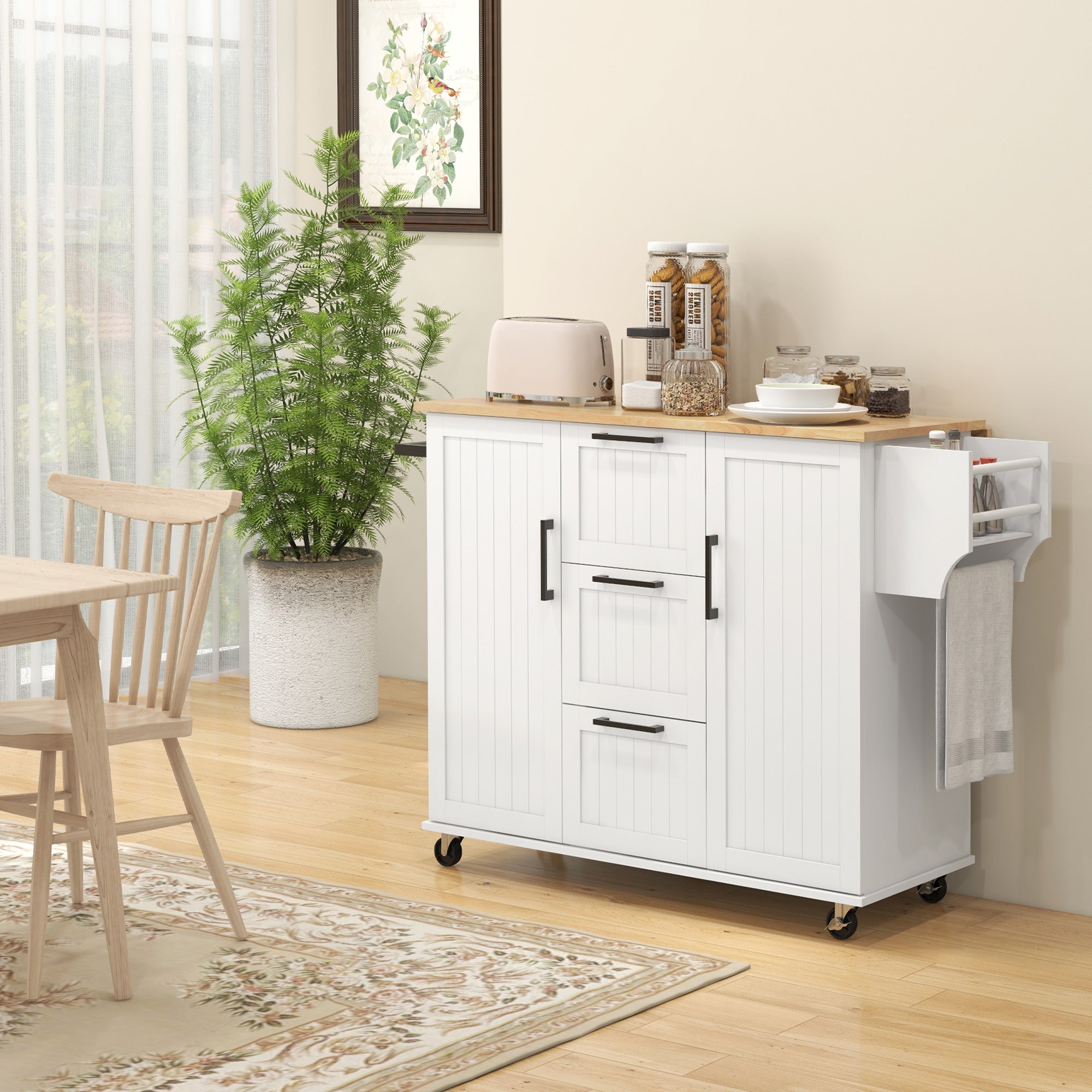Rolling Kitchen Cart on Wheels with Drop Leaf, Kitchen Island with 3 Drawers, Solid Wood Top and Towel Rack, White Kitchen Islands & Kitchen Carts at Gallery Canada
