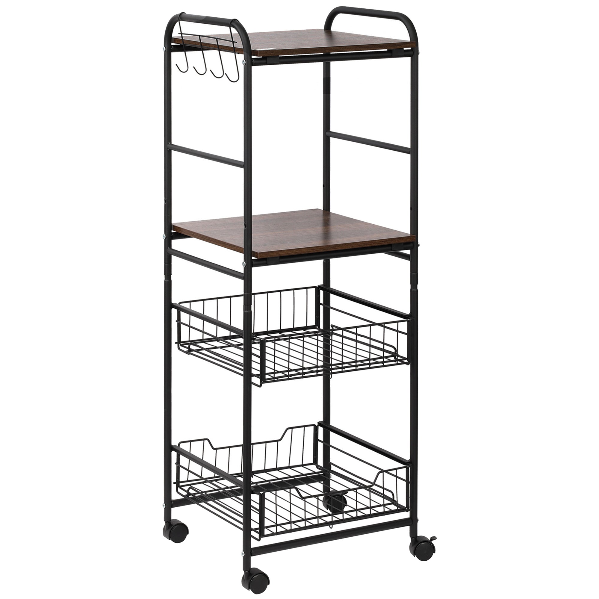 4 Tier Rolling Kitchen Cart, Utility and Industrial Storage Cart with 2 Basket Drawers, Side Hooks for Dining Room, Walnut Kitchen Islands & Kitchen Carts Walnut  at Gallery Canada