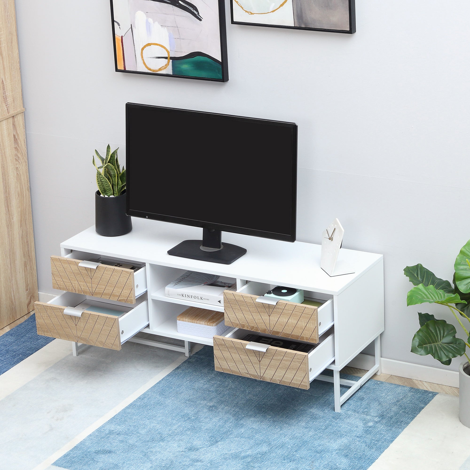 Modern TV Stand for TVs up to 60 inches, Media Console Table with Open Storage Shelves and Drawers for Living Room, Bedroom, White TV Stands   at Gallery Canada