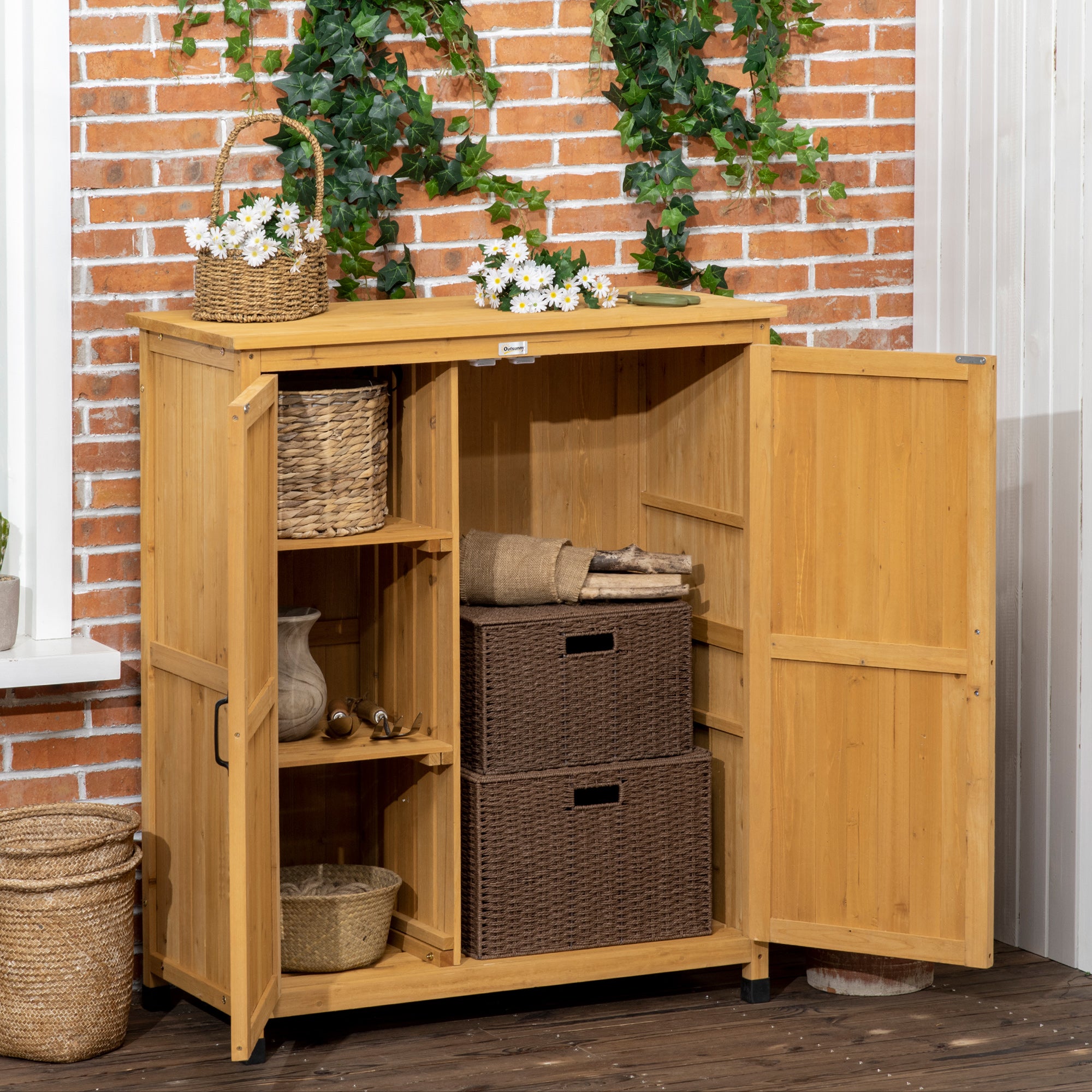 Outdoor Storage Cabinet &; Potting Table, Wooden Gardening Bench with Patio Cabinet and Magnetic Doors Patio Storage Boxes at Gallery Canada