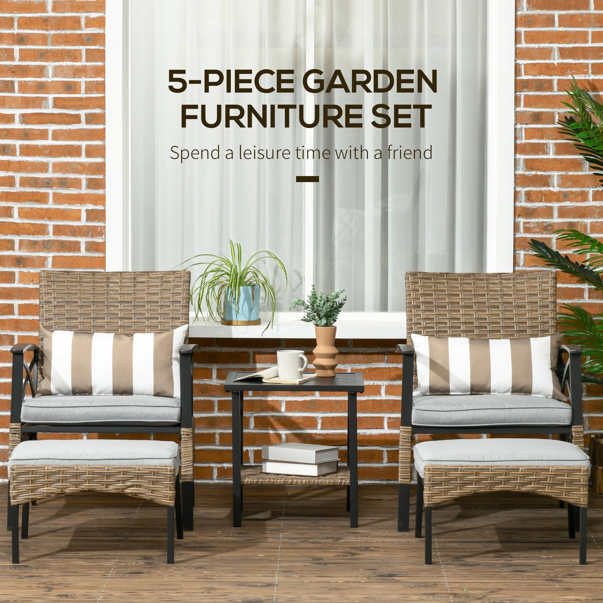 5 Piece PE Rattan Garden Furniture Set, 2 Armchairs,2 Stools, Steel Tabletop with Wicker Shelf, Padded Outdoor Seating, Khaki Bistro Sets   at Gallery Canada