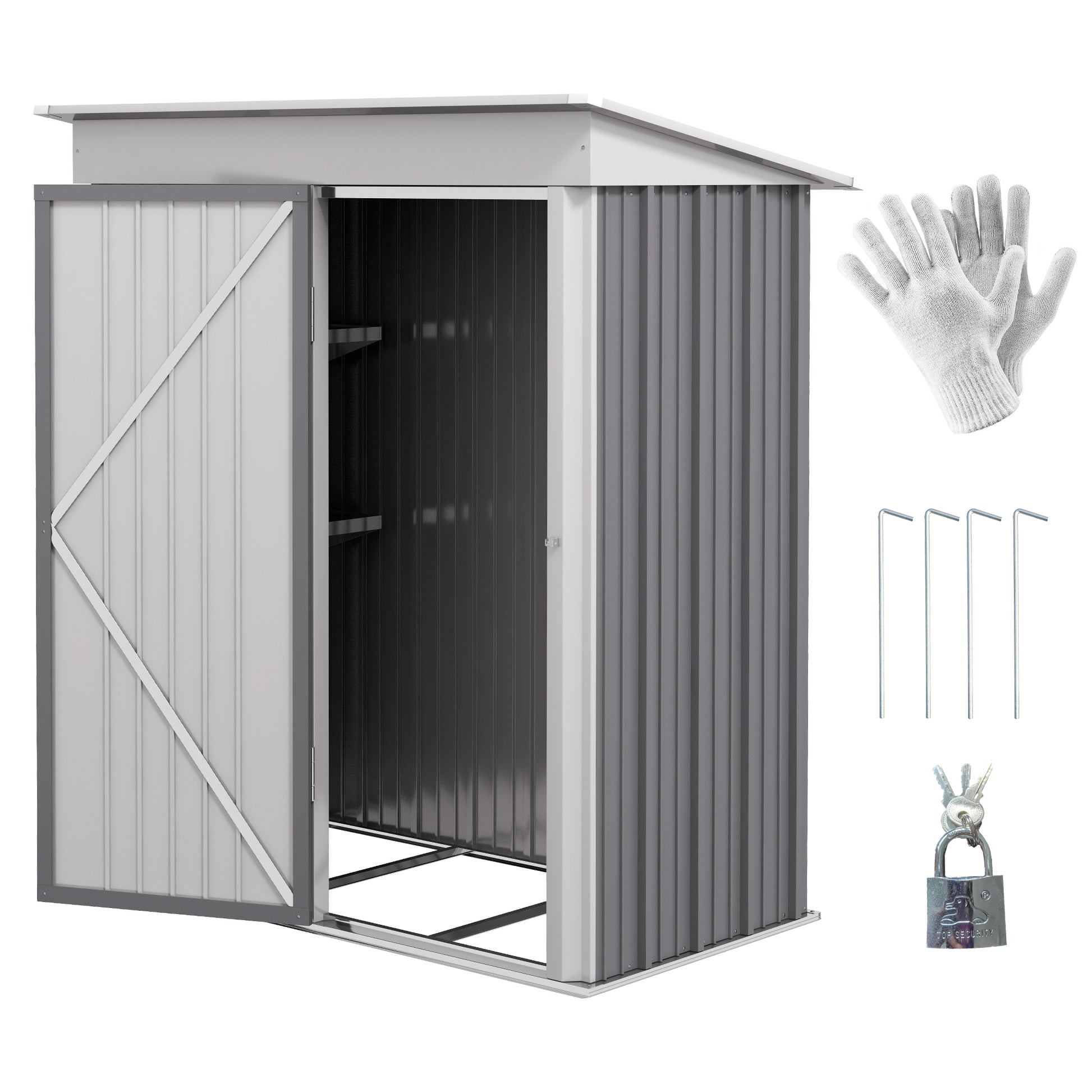 Outdoor Storage Shed, Steel Lean-to Shed with Adjustable Shelf, Lock, Gloves, 5'x3'x6', Grey Sheds   at Gallery Canada