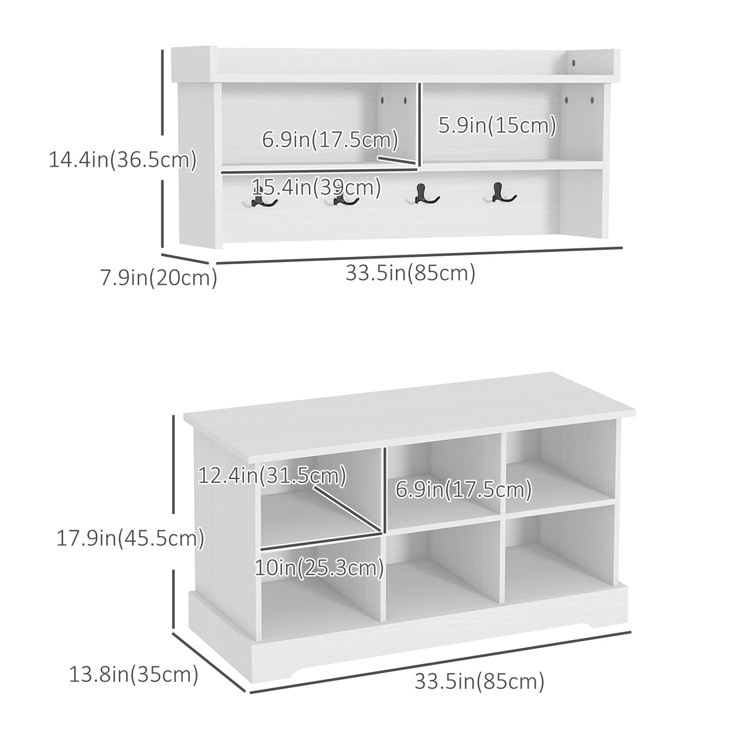 Coat Rack Shoe Bench Set, Entryway Shoe Bench with 8 Storage Cubbies, 4 Hooks for Hallway, Living Room, Bedroom, White Clothing Storage   at Gallery Canada