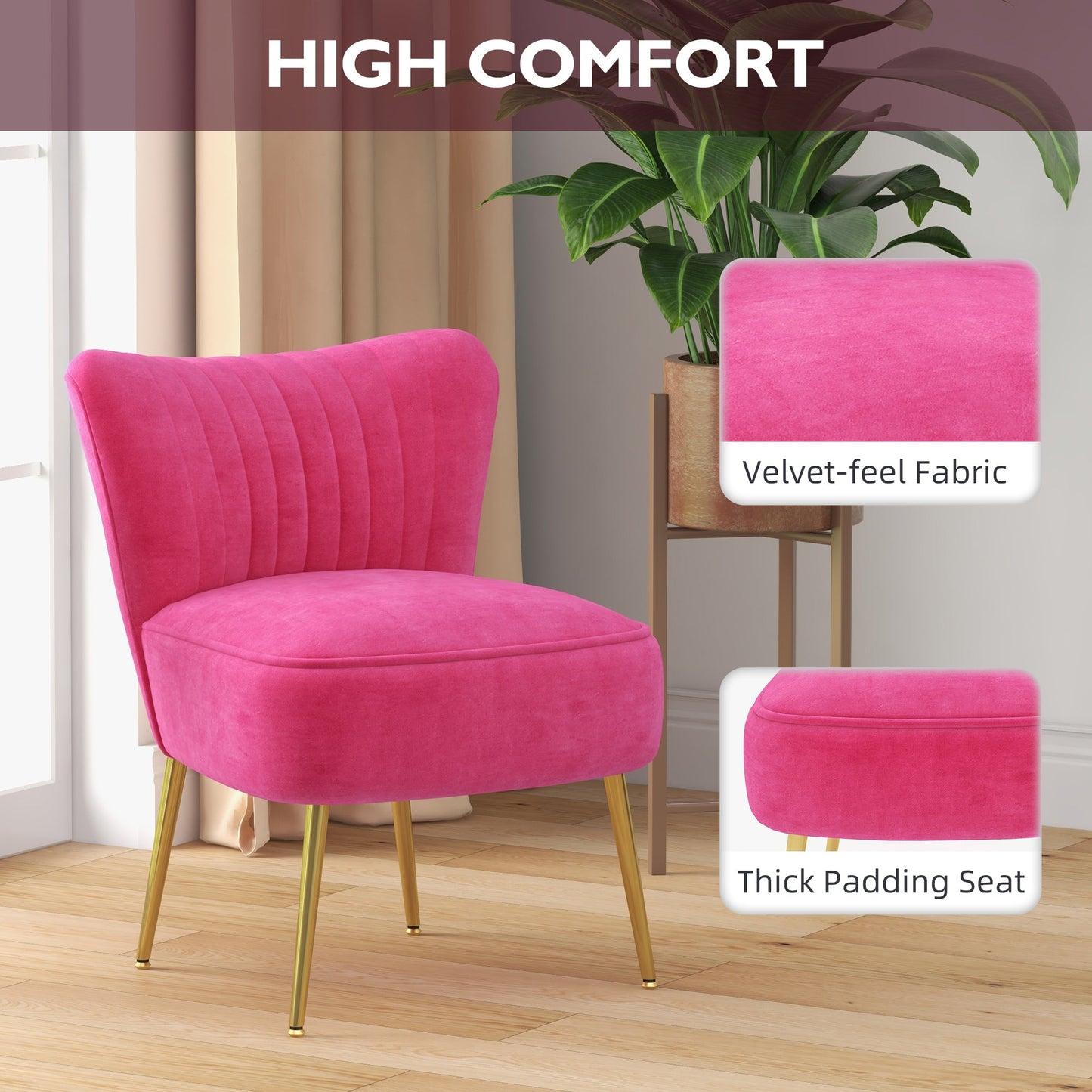 Velvet Lounge Chair, Modern Accent Chair for Living Room with Gold Steel Legs and Tufting Backrest, Pink Accent Chairs   at Gallery Canada