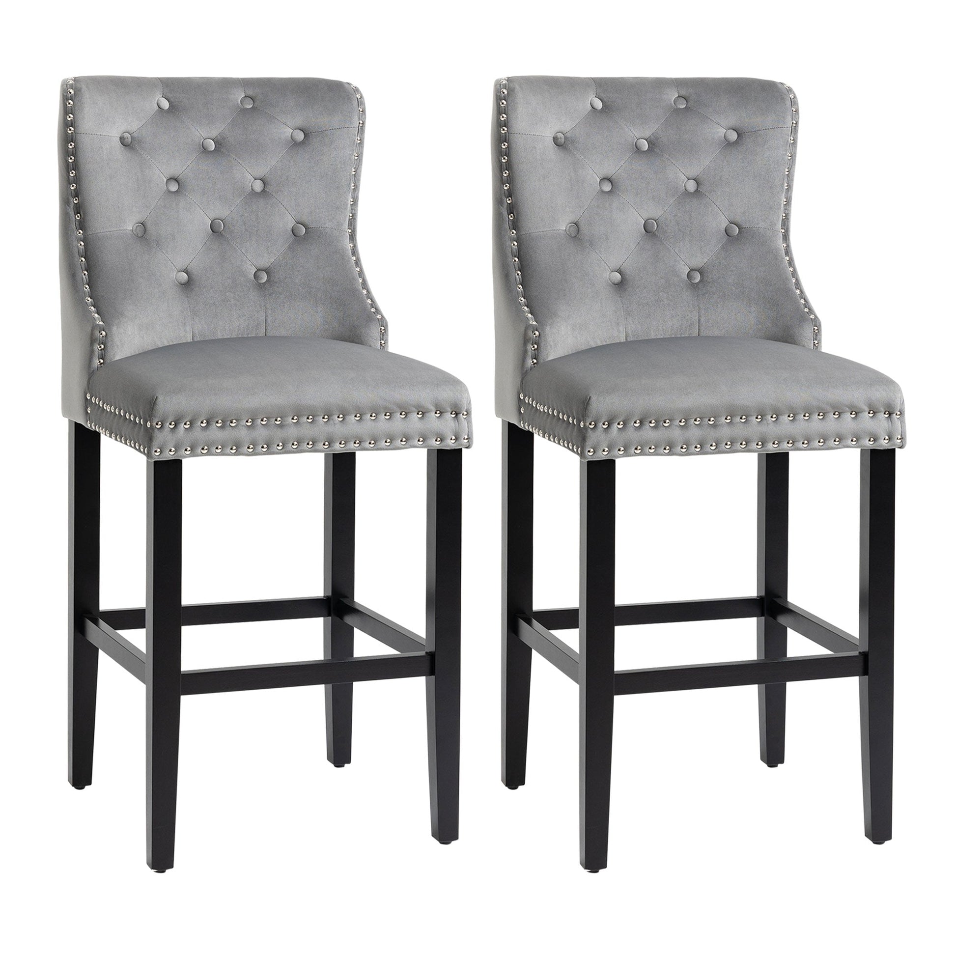 Upholstered Fabric Bar Stool Set of 2, Button Tufted 29.5" Seat Height Pub Chairs with Back &; Wood Legs, Grey Bar Stools Grey  at Gallery Canada