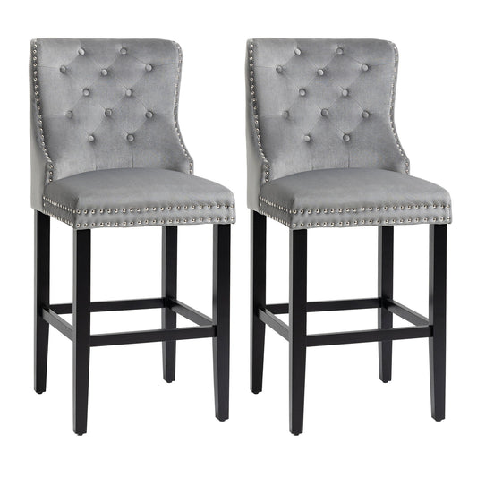Upholstered Fabric Bar Stool Set of 2, Button Tufted 29.5" Seat Height Pub Chairs with Back &; Wood Legs, Grey - Gallery Canada