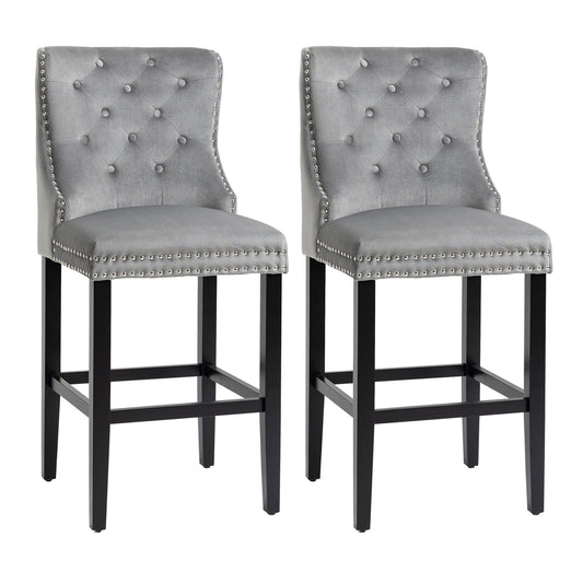 Upholstered Fabric Bar Stool Set of 2, Button Tufted 29.5" Seat Height Pub Chairs with Back &; Wood Legs, Grey Bar Stools Grey  at Gallery Canada