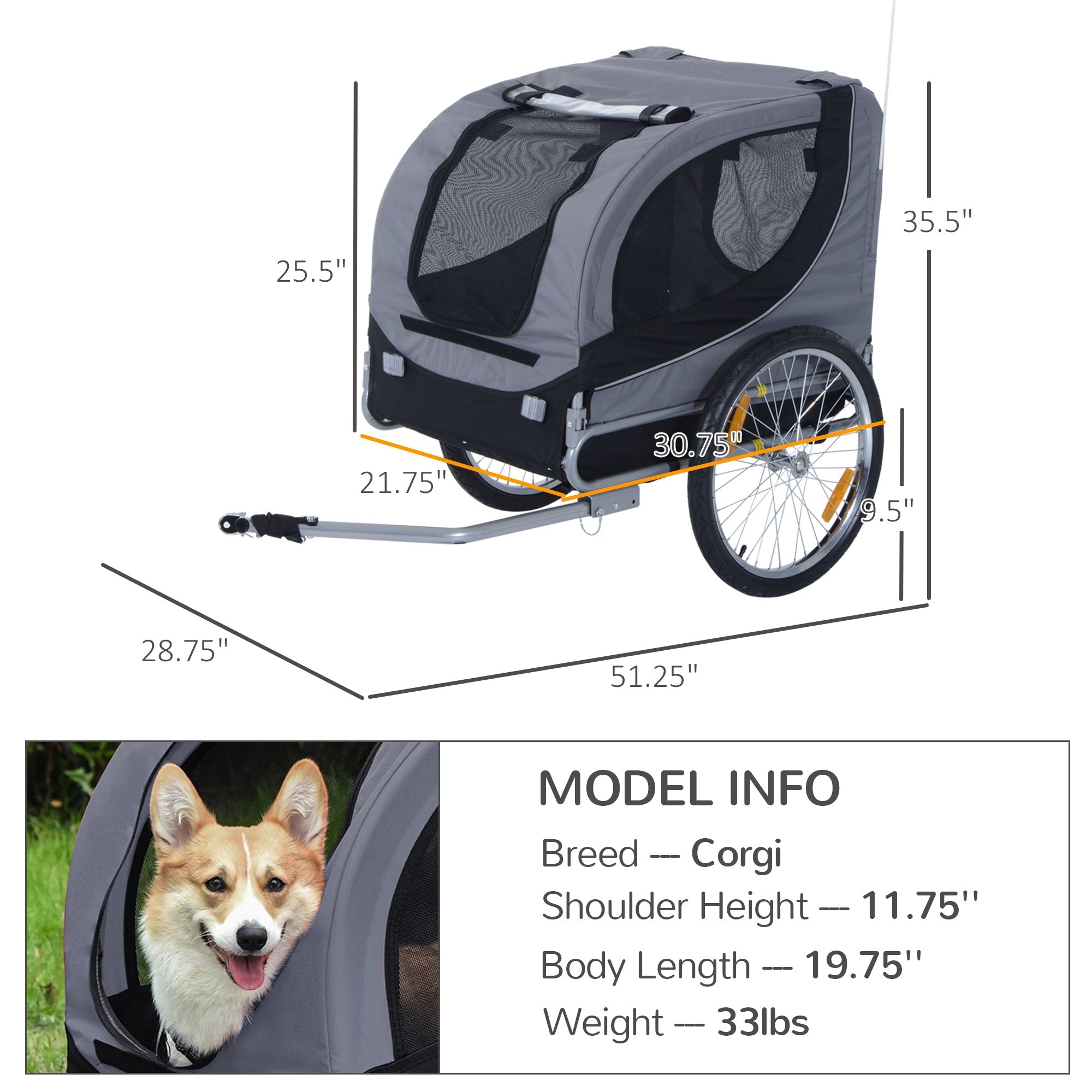 Dog Bike Trailer, Pet Cart, Bicycle Wagon, Travel Cargo, Carrier Attachment with Hitch, Foldable for Travelling, Grey Dog Bike Trailers & Strollers   at Gallery Canada