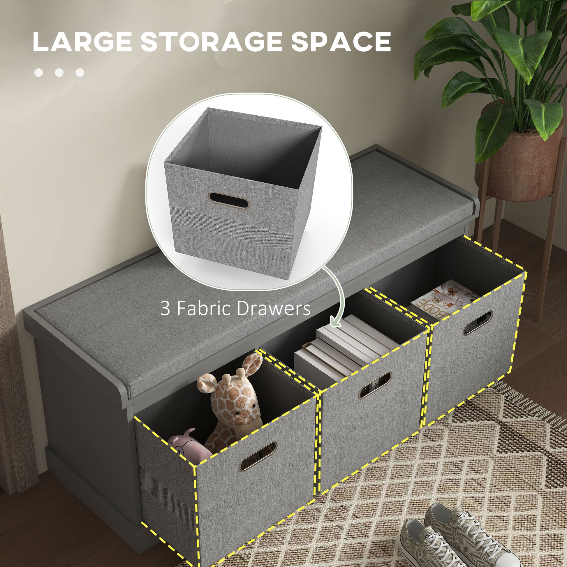 Shoe Storage Bench with Seat, Entryway Bench Seat with Cushion, 3 Fabric Drawers for Hallway, Grey Shoe Storage Cabinets & Racks at Gallery Canada