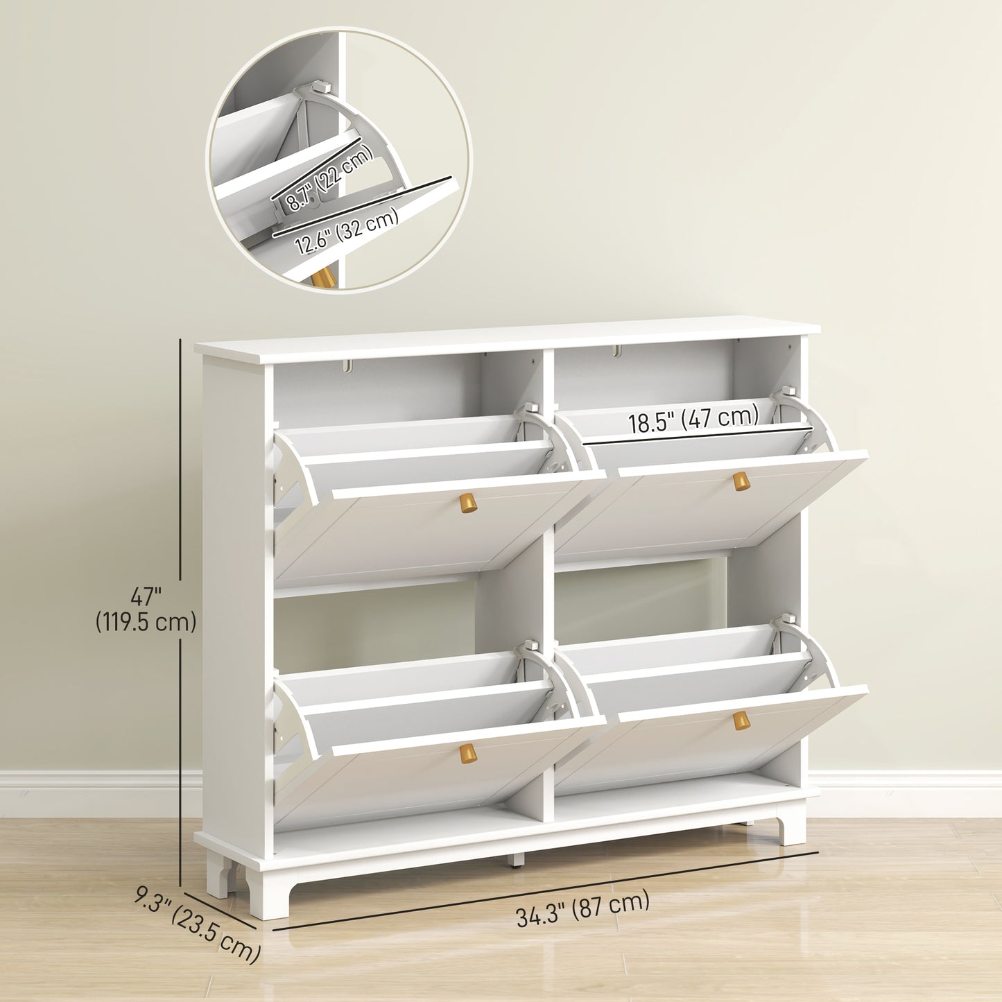 Modern Shoe Storage Cabinet, Narrow Shoe Cabinet with 4 Flip Drawers, Adjustable Shelves, 5 Legs for Entryway, White Shoe Storage Cabinets & Racks   at Gallery Canada