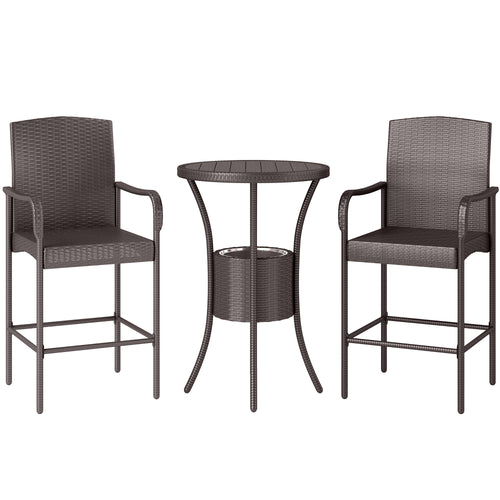 3 Pieces Patio Bar Set, Rattan Bistro Table and Chairs, Outdoor Conversation Furniture Set with Ice Bucket, Dark Brown