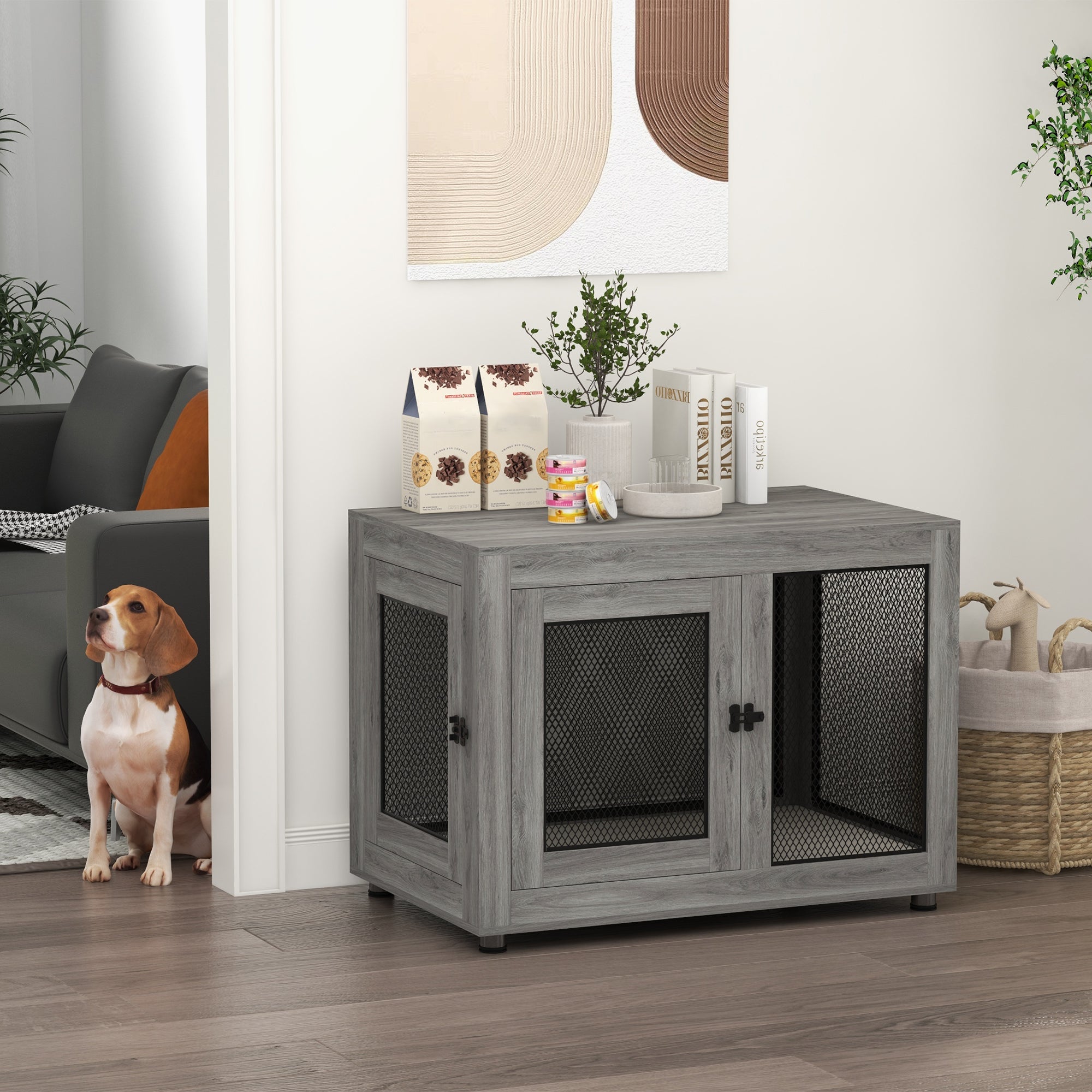 Pet Crate End Table with Water-resistant Cushion or Medium Small Dogs, Grey Houses, Kennels & Pens   at Gallery Canada