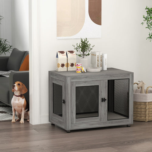 Pet Crate End Table with Water-resistant Cushion or Medium Small Dogs, Grey