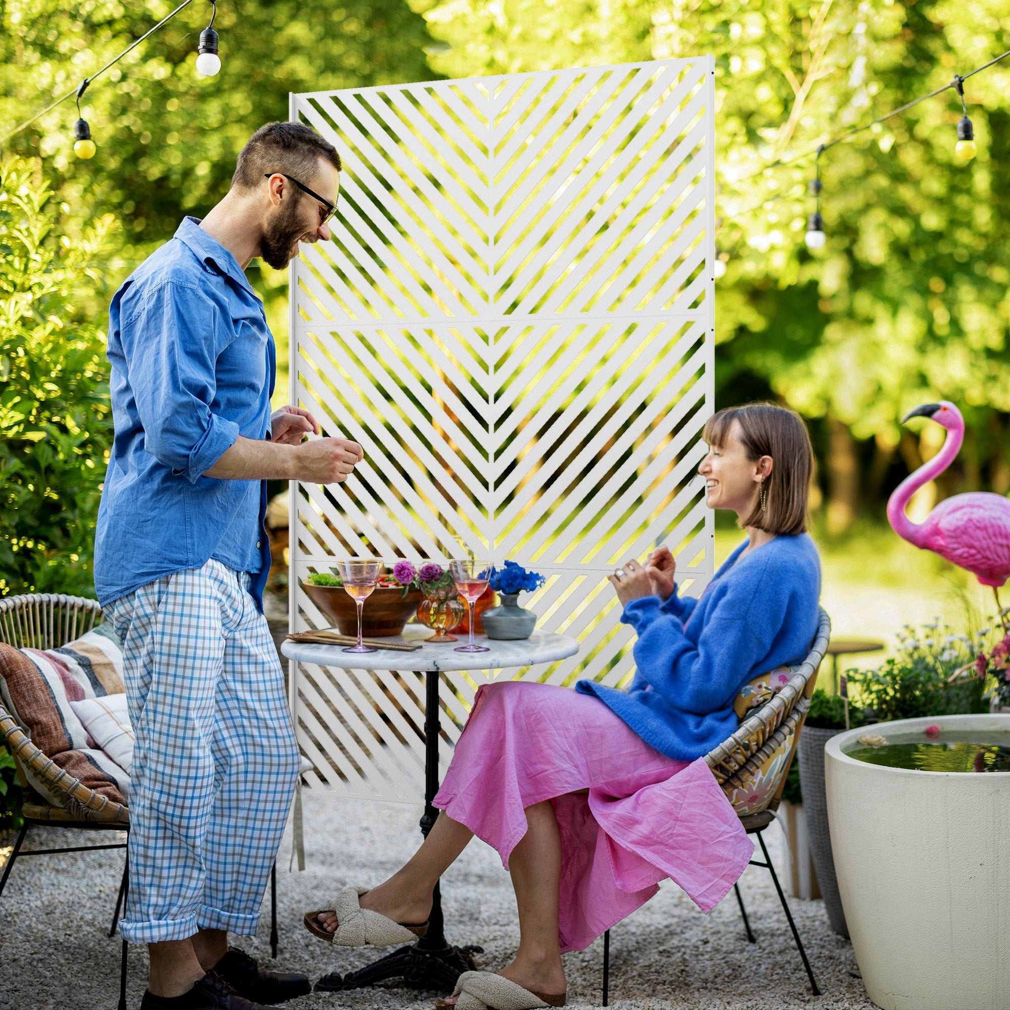 6.5FT Decorative Outdoor Divider, Metal Privacy Screen with Stand, Triangle Style, White Side Awnings at Gallery Canada