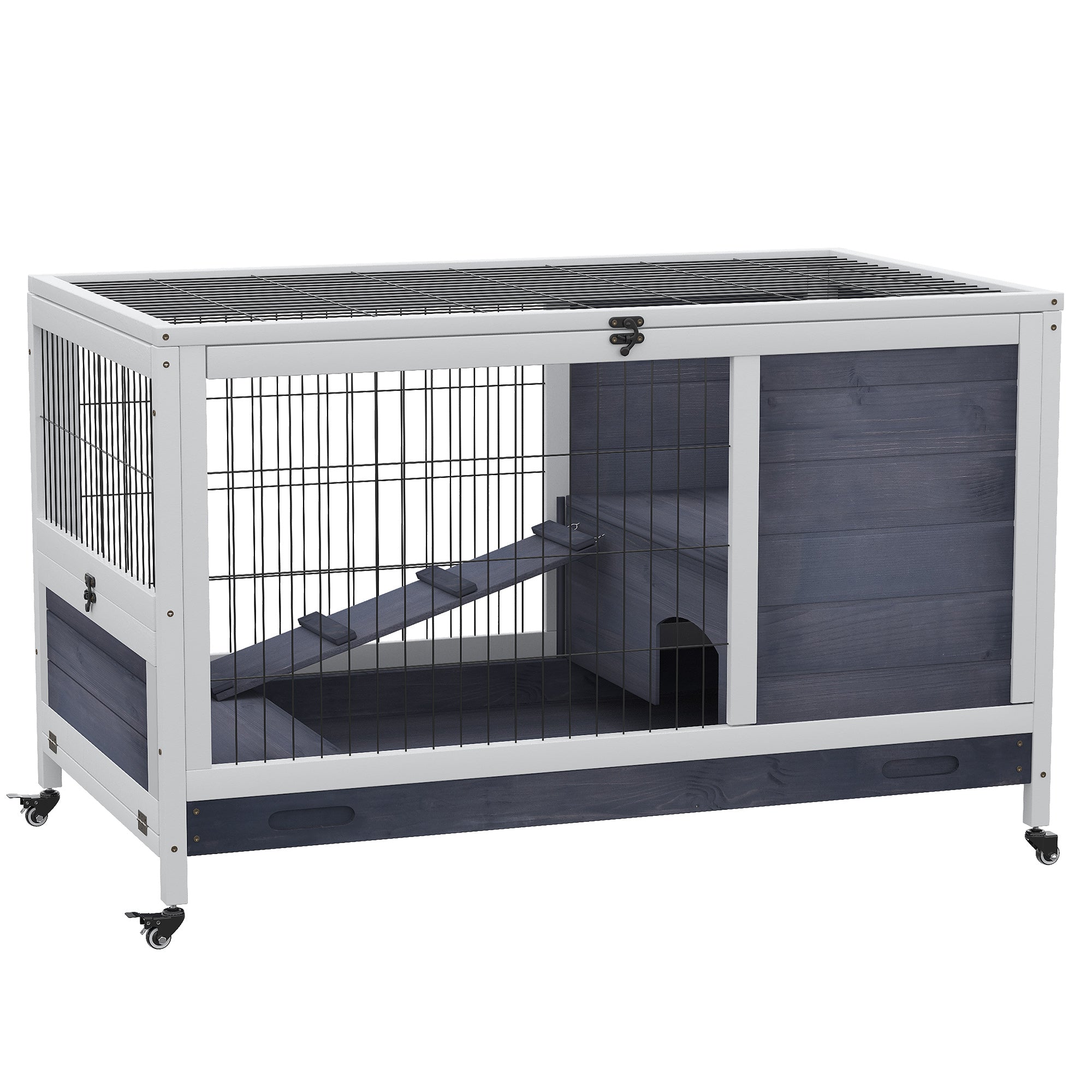 Wooden Indoor Rabbit Hutch Elevated Cage Habitat with Enclosed Run with Wheels, Ideal for Rabbits and Guinea Pigs, White Rabbit Hutch White, Grey at Gallery Canada