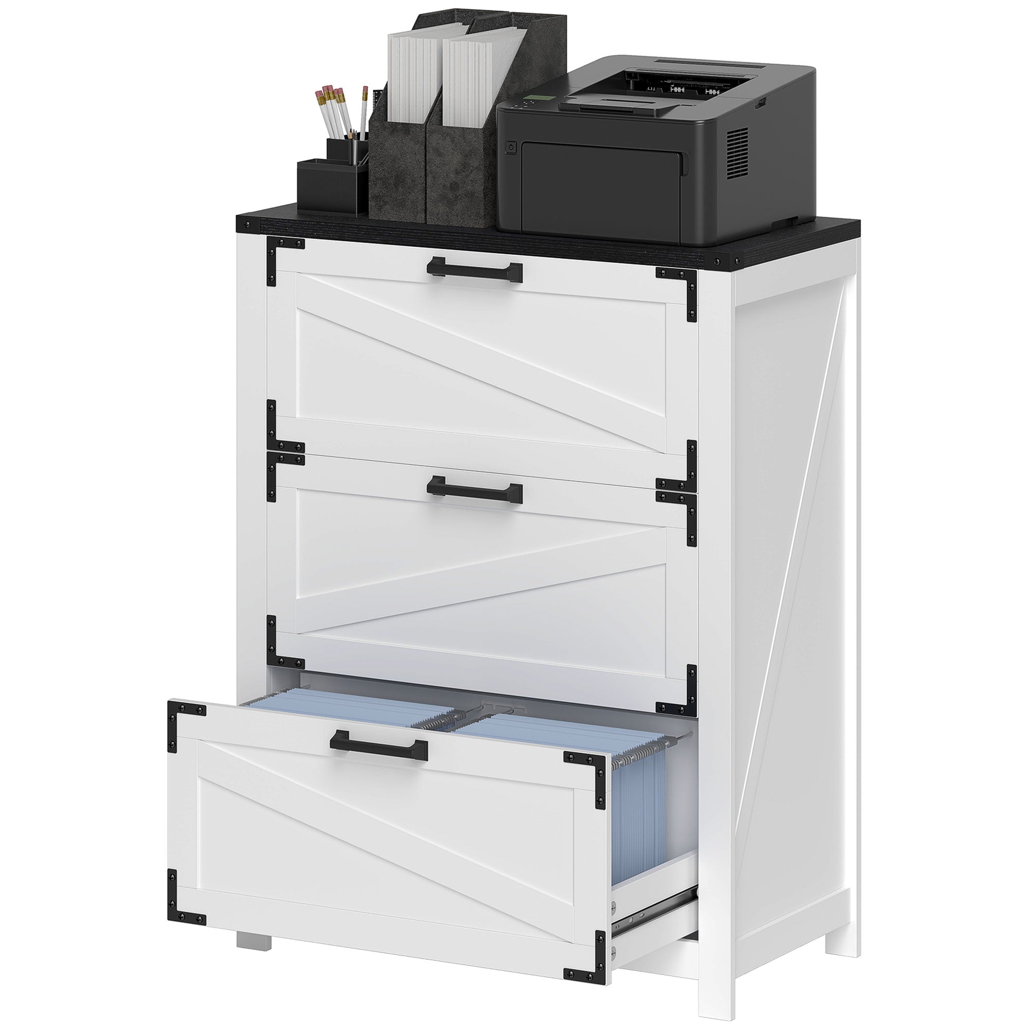 3 Drawer Filing Cabinet, Farmhouse Office Storage Cabinet with Adjustable Hanging Bars for Letter, A4, Legal Size, White Office Cabinets & Cupboards White at Gallery Canada