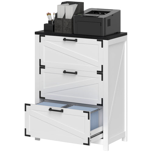 3 Drawer Filing Cabinet, Farmhouse Office Storage Cabinet with Adjustable Hanging Bars for Letter, A4, Legal Size, White