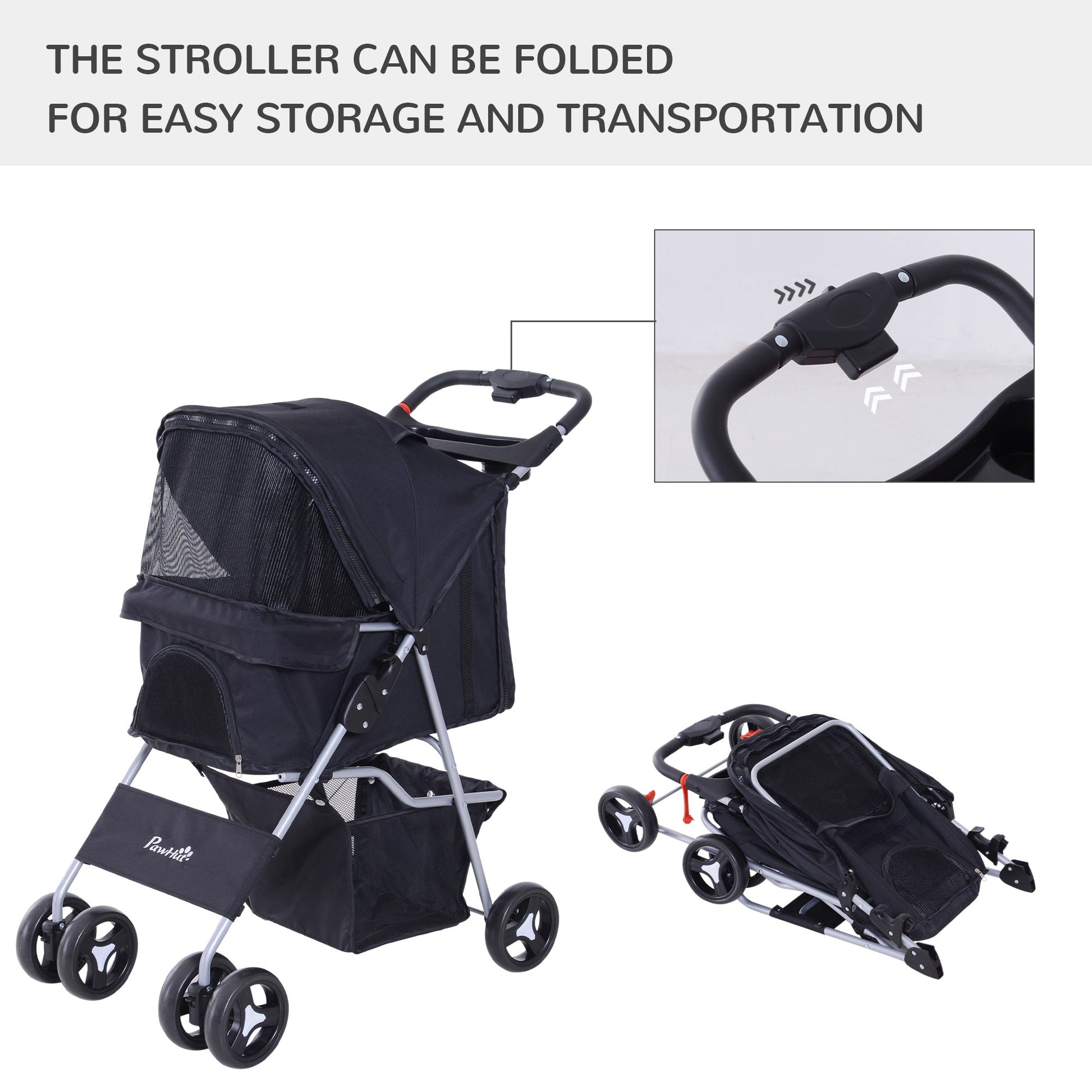 Foldable Pet Stroller with 4 Wheels, Cup Holder, Storage Basket, Black Dog Bike Trailers & Strollers   at Gallery Canada