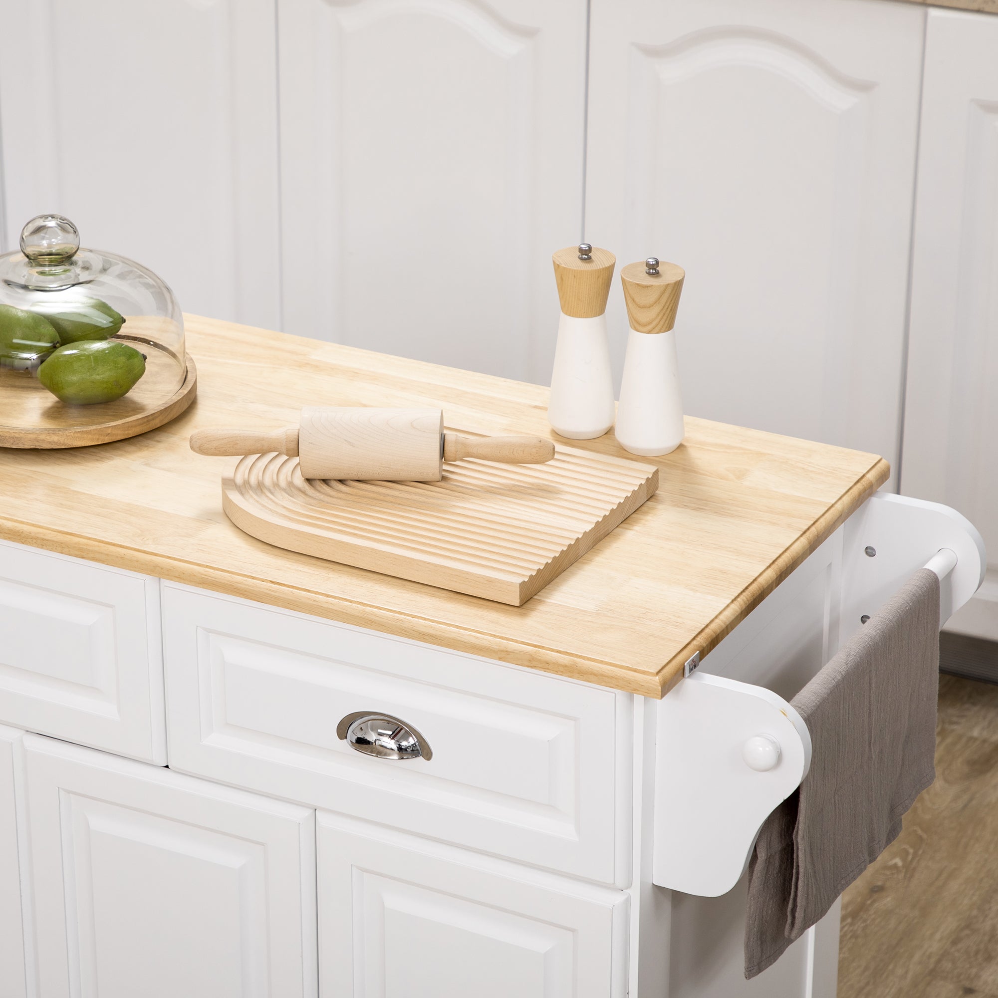 Kitchen Island with Storage Rolling Kitchen Serving Cart with Rubber Wood Top Towel Rack Storage Drawer Cabinet White Kitchen Islands & Kitchen Carts   at Gallery Canada