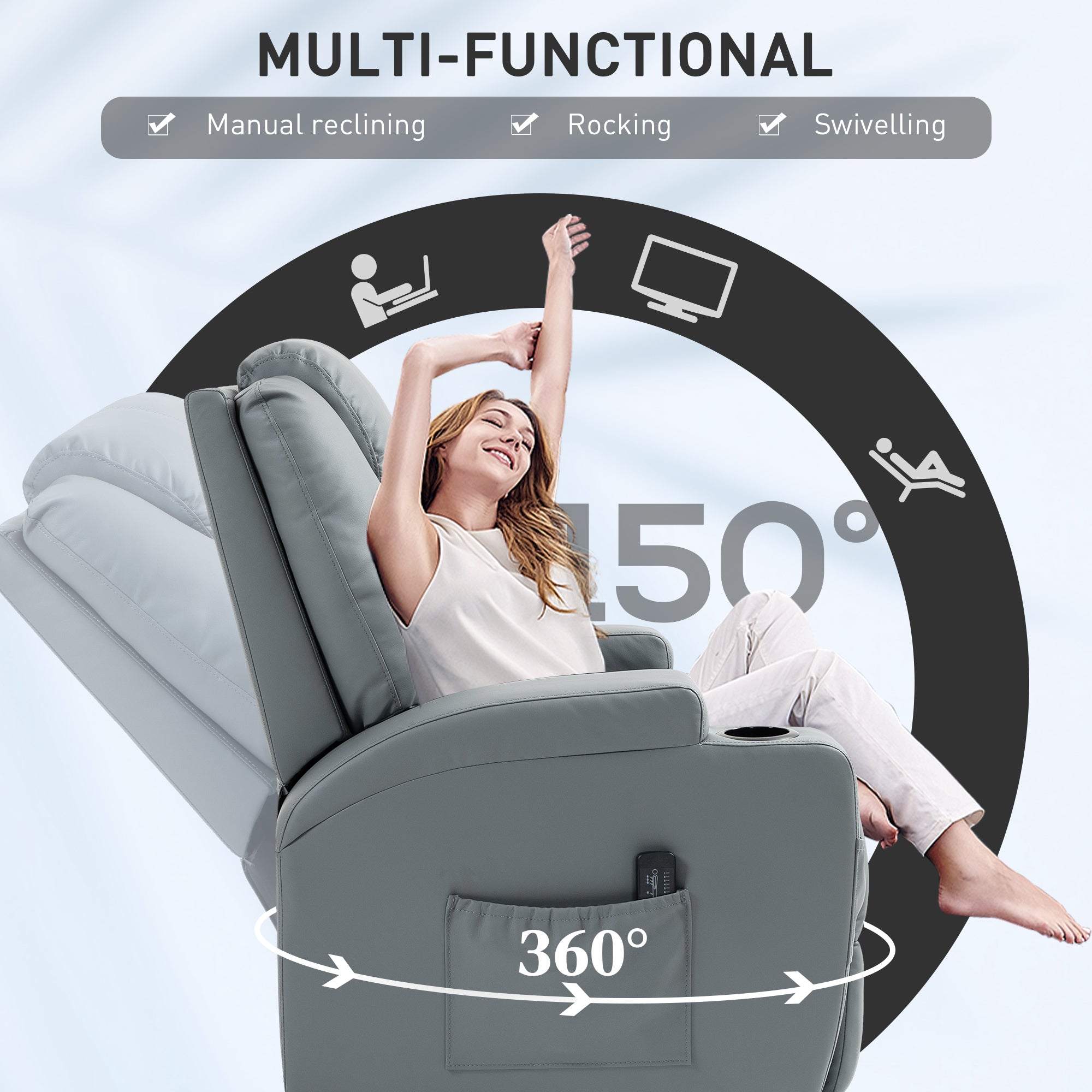 Massage Recliner Chair Leather Swivel Rocker Manual Reclining Chair with 8 Vibration Points, Cup Holders, Light Grey Single Sofas   at Gallery Canada