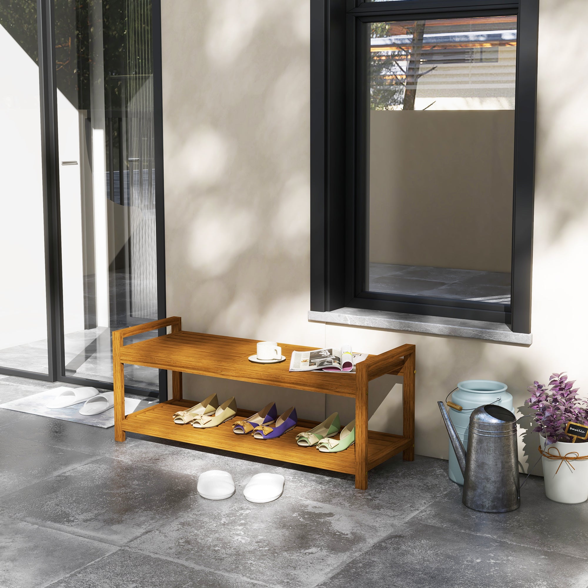 Garden Stool with Storage Shelf, Slatted Seat for Indoor Conservatory, Garden, Poolside, Deck, Teak Storage Ottomans & Benches at Gallery Canada