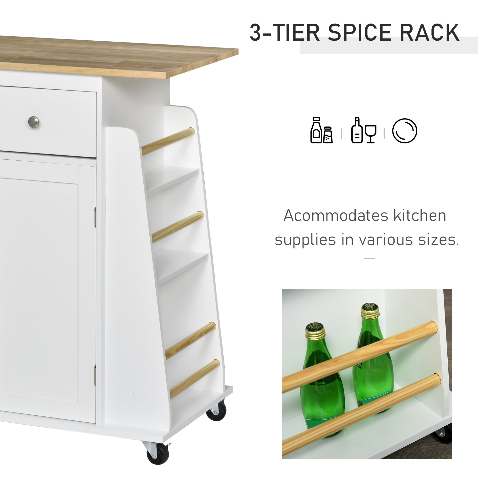 Rolling Kitchen Island Trolley Storage Cart with Rubber Wood Top, 3-Tier Spice Rack, Towel Rack Home Kitchen Carts, White Kitchen Islands & Kitchen Carts at Gallery Canada