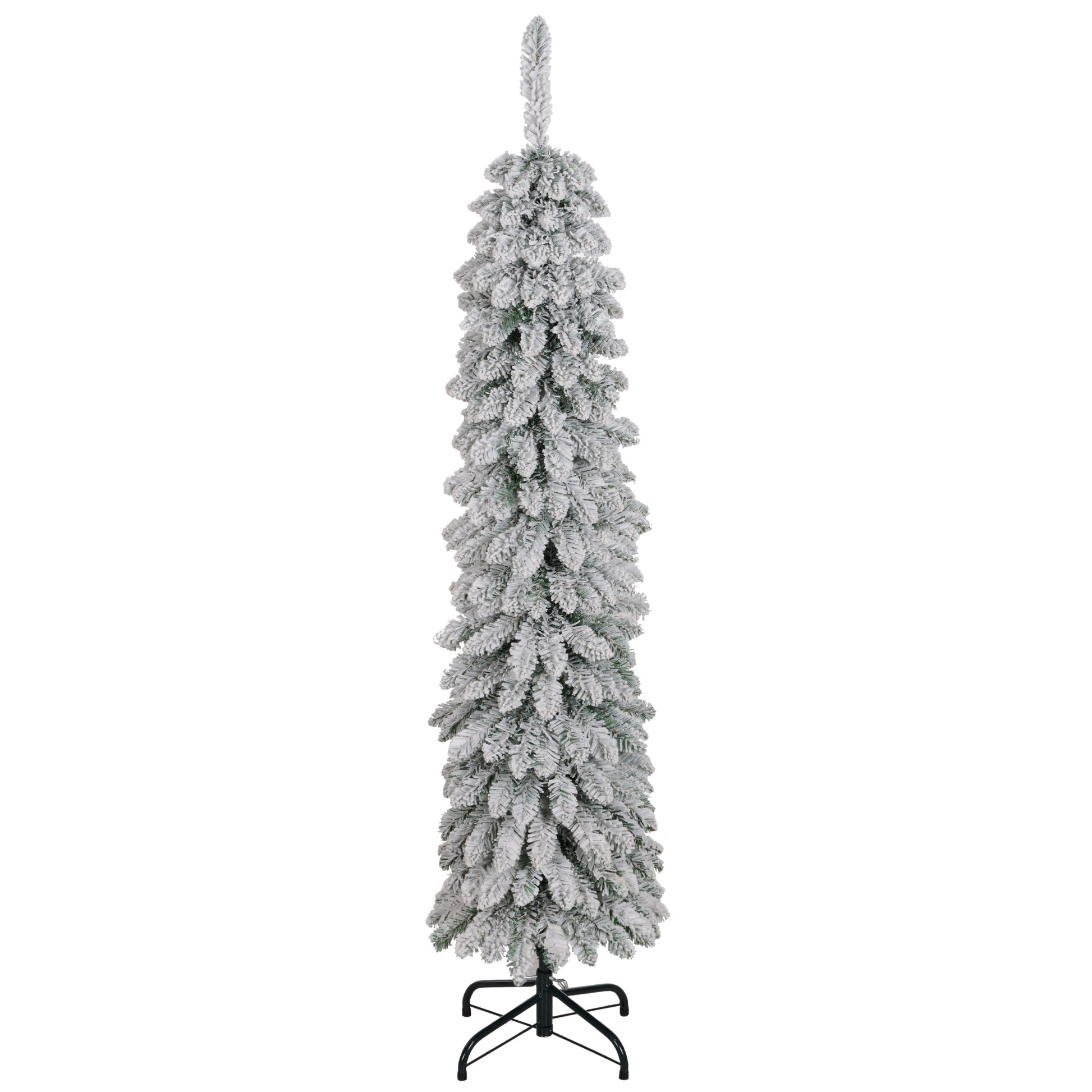 5ft Snow-Flocked Artificial Christmas Tree, Slim Pencil Xmas Tree with 301 Realistic Branches, Metal Base, Green Pencil Christmas Trees at Gallery Canada