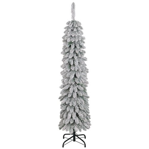 5ft Snow-Flocked Artificial Christmas Tree, Slim Pencil Xmas Tree with 301 Realistic Branches, Metal Base, Green