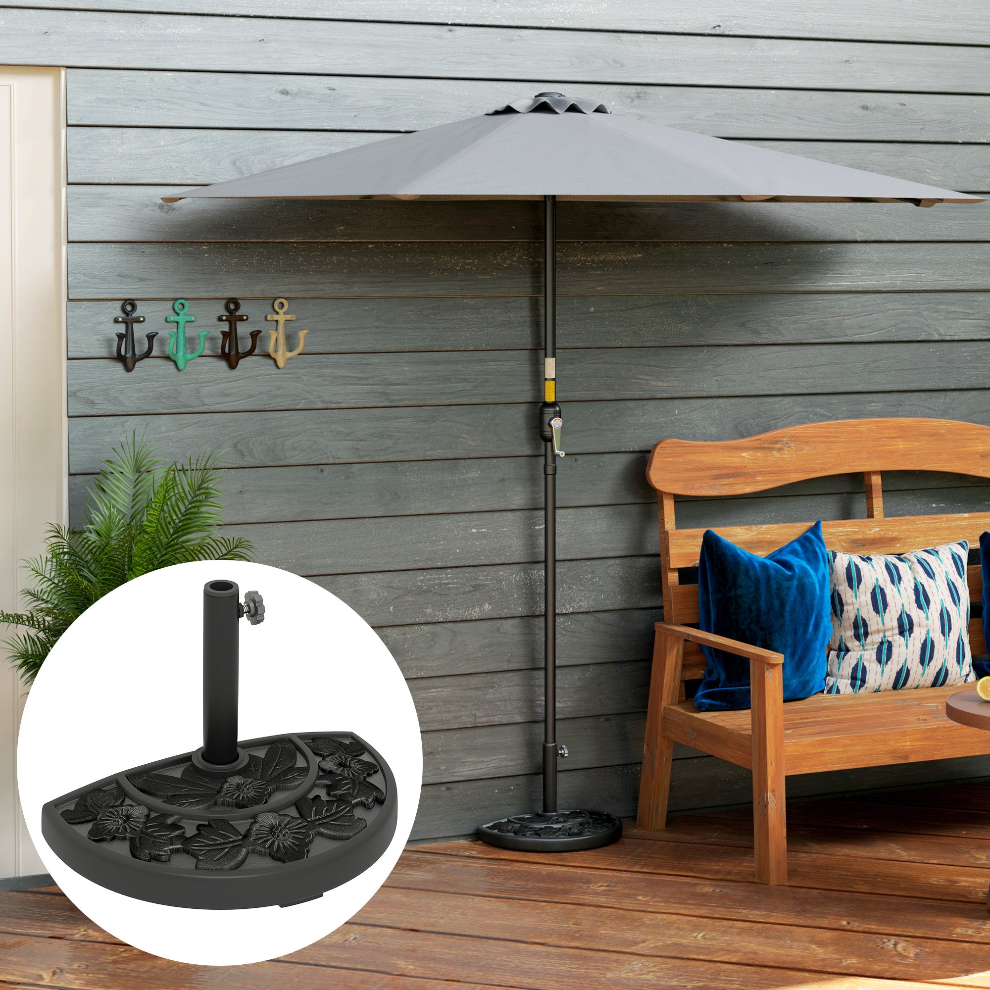 Half Umbrella Base, 21 lbs Concrete Half Umbrella Stand Outdoor Umbrella Base with Flower-Leaf Design, Patio Umbrella Stand for Outdoor Lawn Poolside, Black Umbrella Bases at Gallery Canada