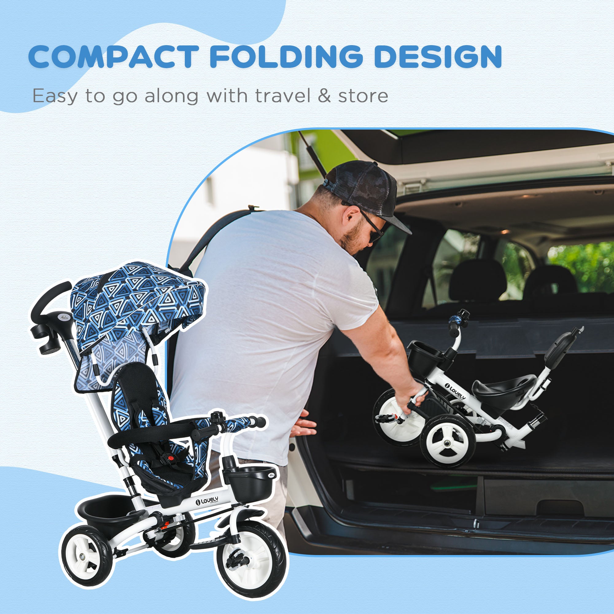6 in 1 Toddler Tricycle with Parent Push Handle, Canopy, Storage Baskets, Cupholder, Light Blue Tricycles for Kids at Gallery Canada