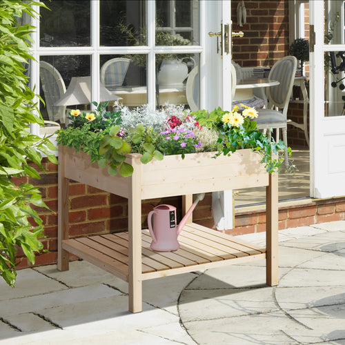 35.75'' x 35.75'' Raised Garden Bed with Liner and Drainage Holes, Outdoor Wooden Elevated Planter Box with Legs and Storage Shelf, Garden Plant Stand Box