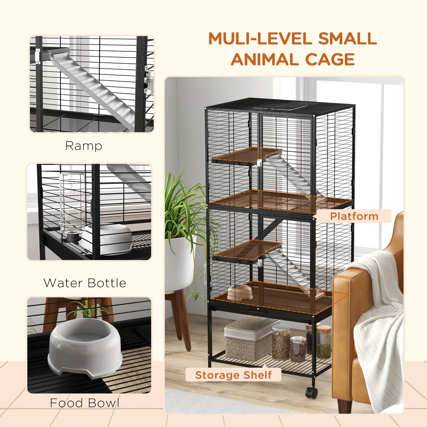 Rolling Small Animal Cage 53.5"H Chinchilla Cage for Ferrets, Squirrels w/ Removable Tray, Storage Shelf, Black Houses & Habitats   at Gallery Canada