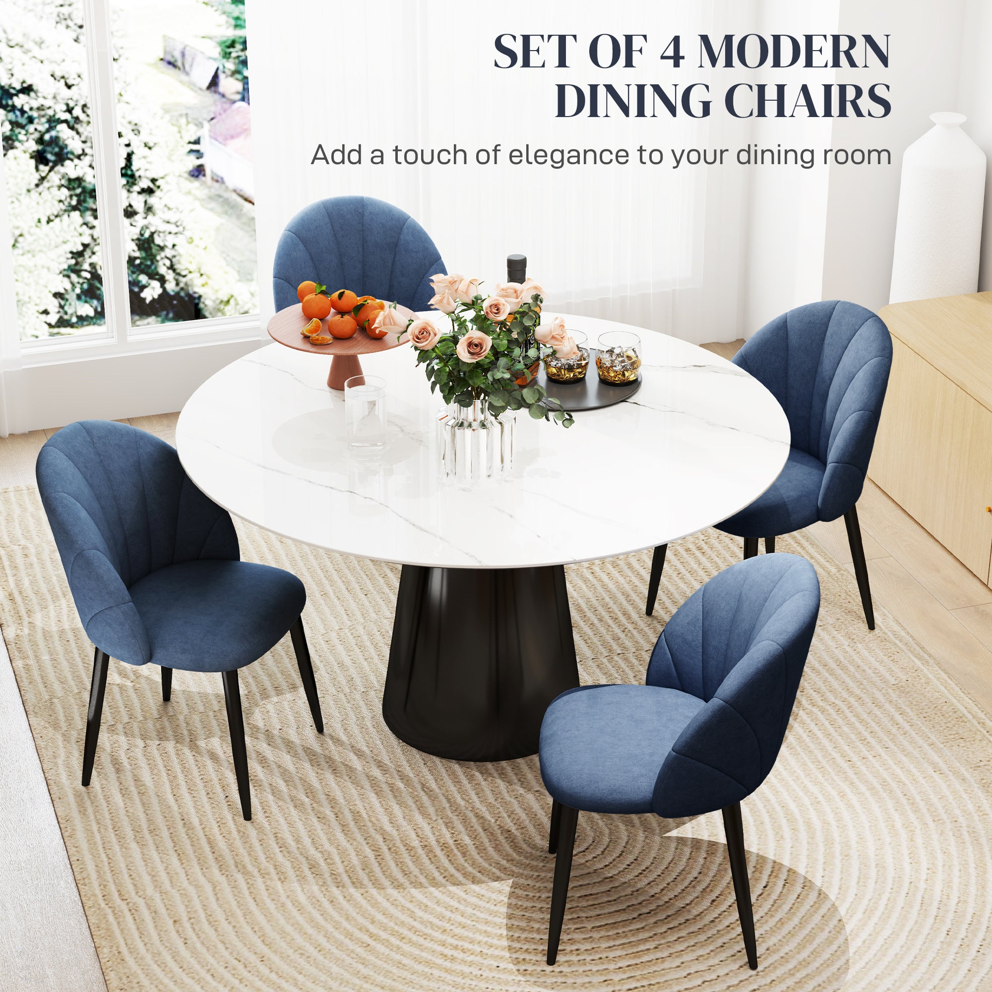 Modern Dining Chairs Set of 4, Upholstered Dining Room Chairs with Metal Legs, Shell Backrest, Padded Seat, Blue Dining Chairs at Gallery Canada