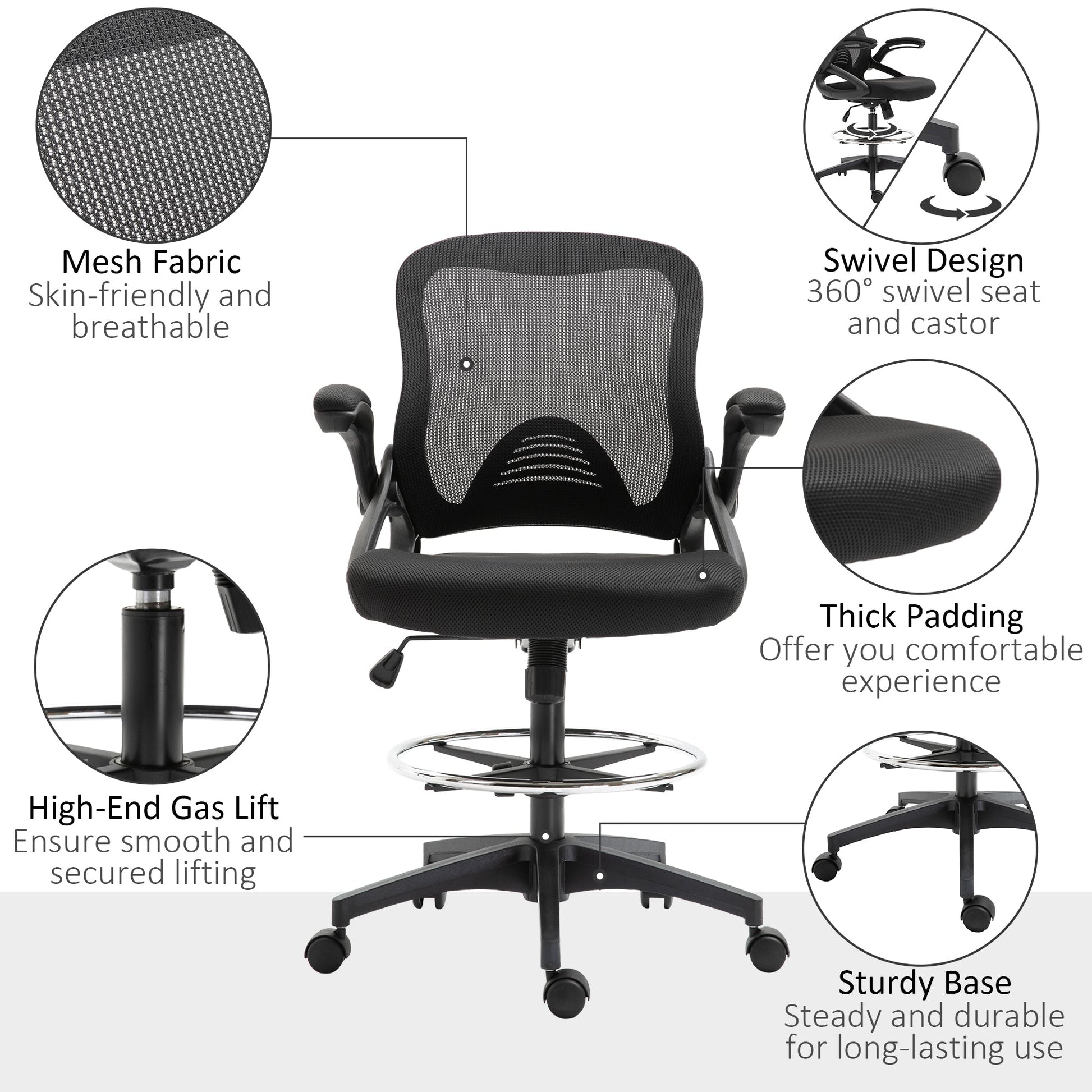 Adjustable Drafting Chair Tall Office Stand-Up Chair with Flip-up Armrest and Foot Ring, 360° Swivel, Black Task Chairs   at Gallery Canada