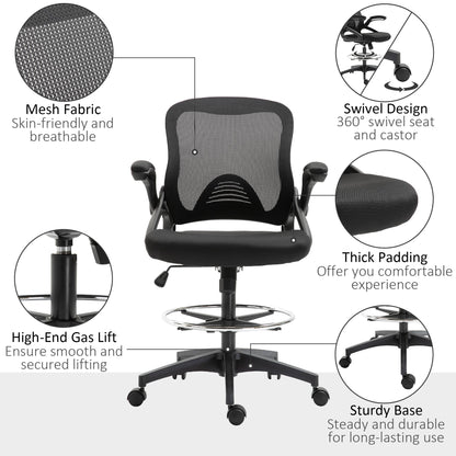 Adjustable Drafting Chair Tall Office Stand-Up Chair with Flip-up Armrest and Foot Ring, 360° Swivel, Black Task Chairs   at Gallery Canada